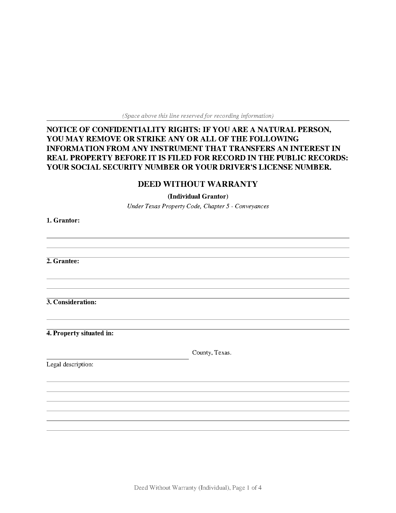 Camp County Deed Without Warranty (Individual) Form