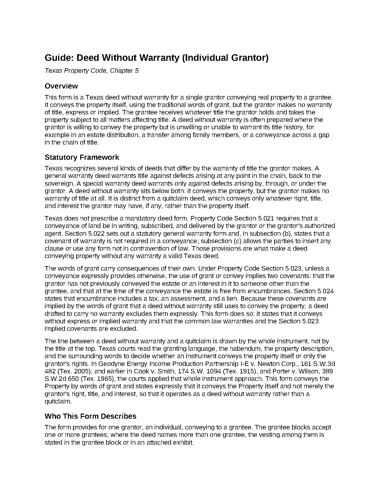 Camp County Deed Without Warranty (Individual) Guide