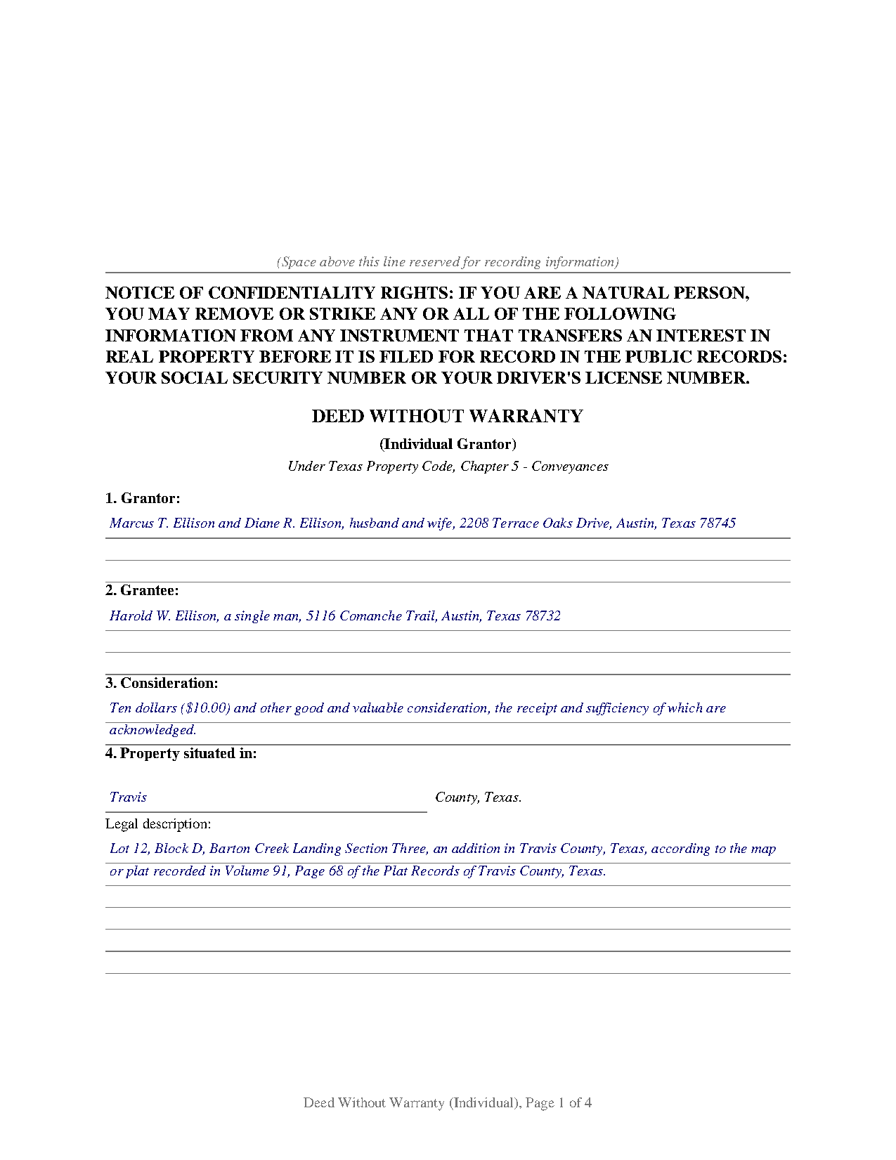 Camp County Completed Example of the Deed Without Warranty (Individual) Document