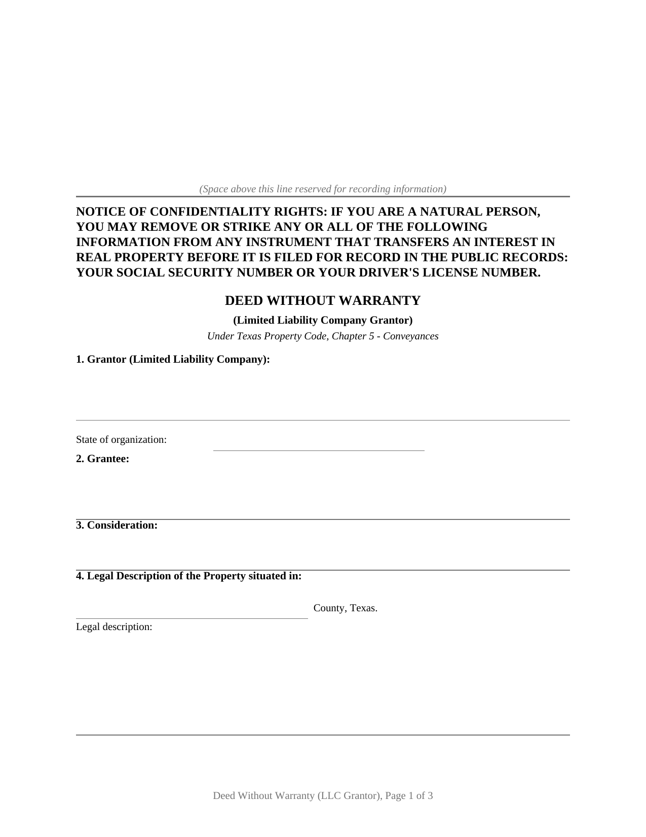 Coryell County Deed Without Warranty (LLC Grantor) Form