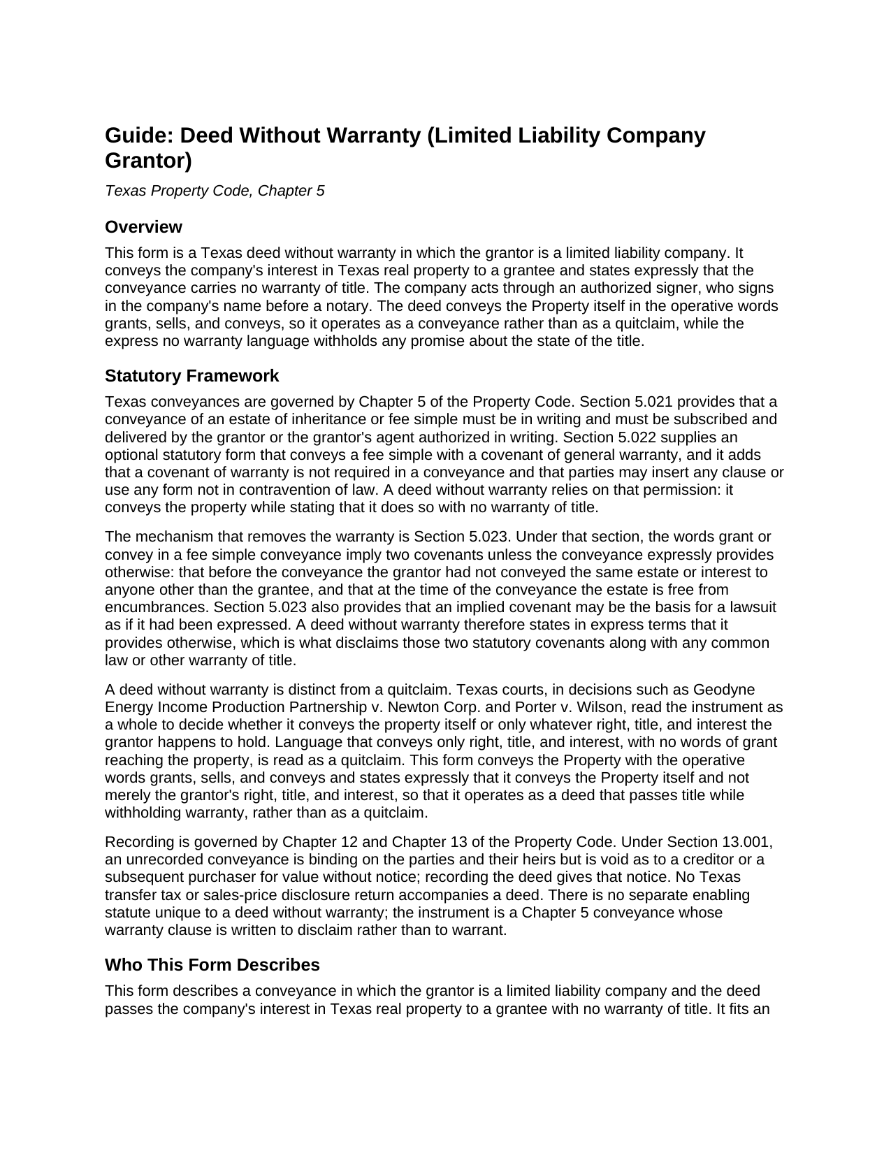 Coryell County Deed Without Warranty (LLC Grantor) Guide