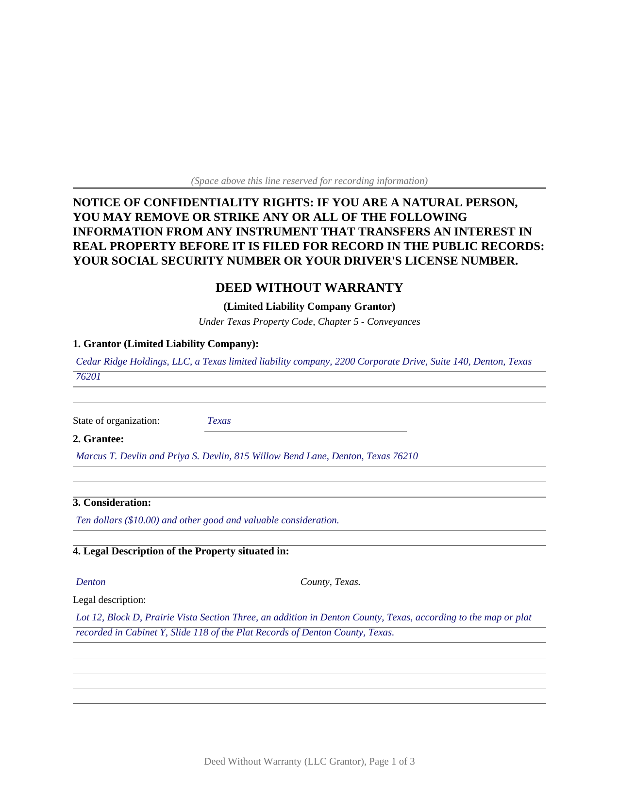 Coryell County Completed Example of the Deed Without Warranty (LLC Grantor) Document