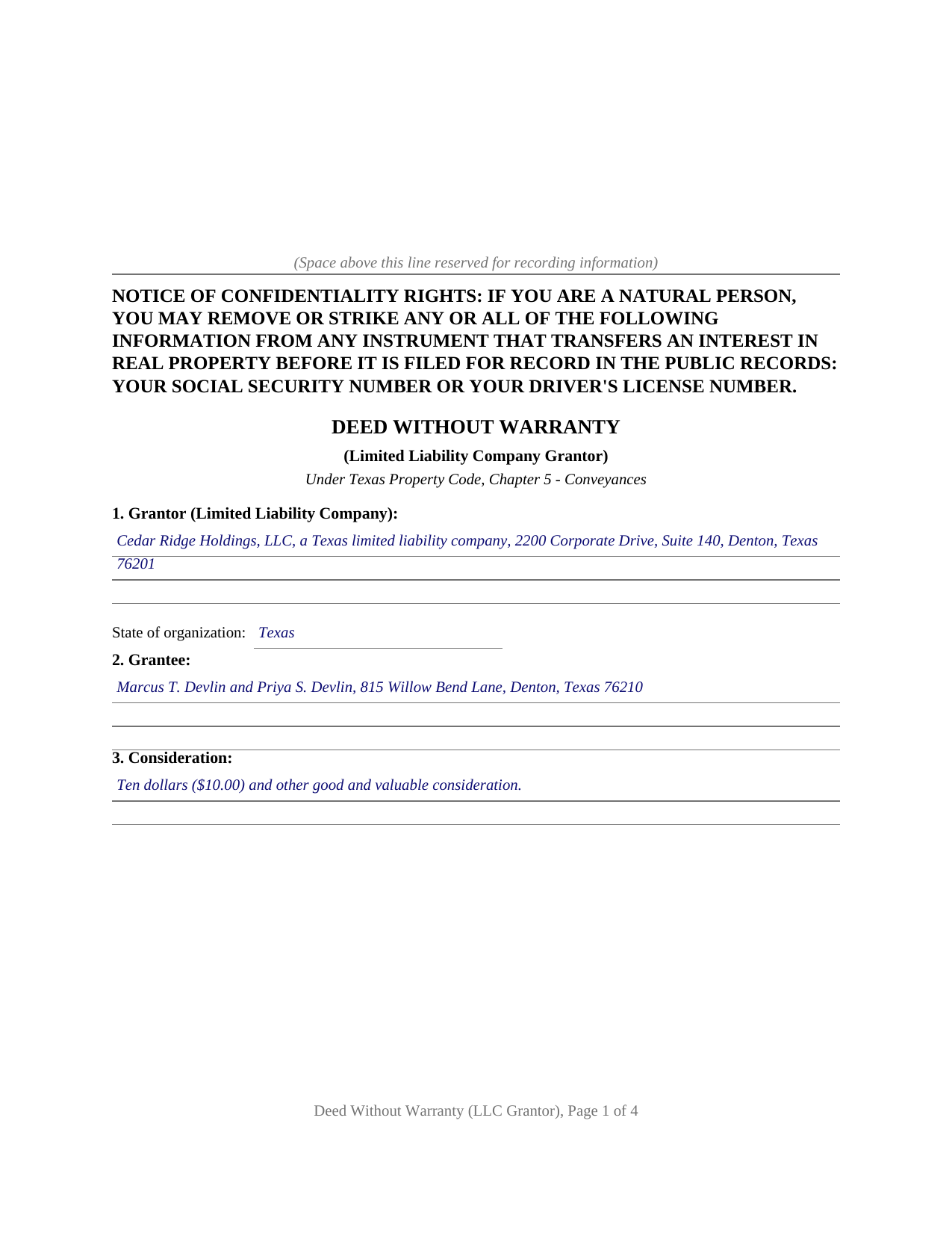 Orange County Completed Example of the Deed Without Warranty (LLC Grantor) Document