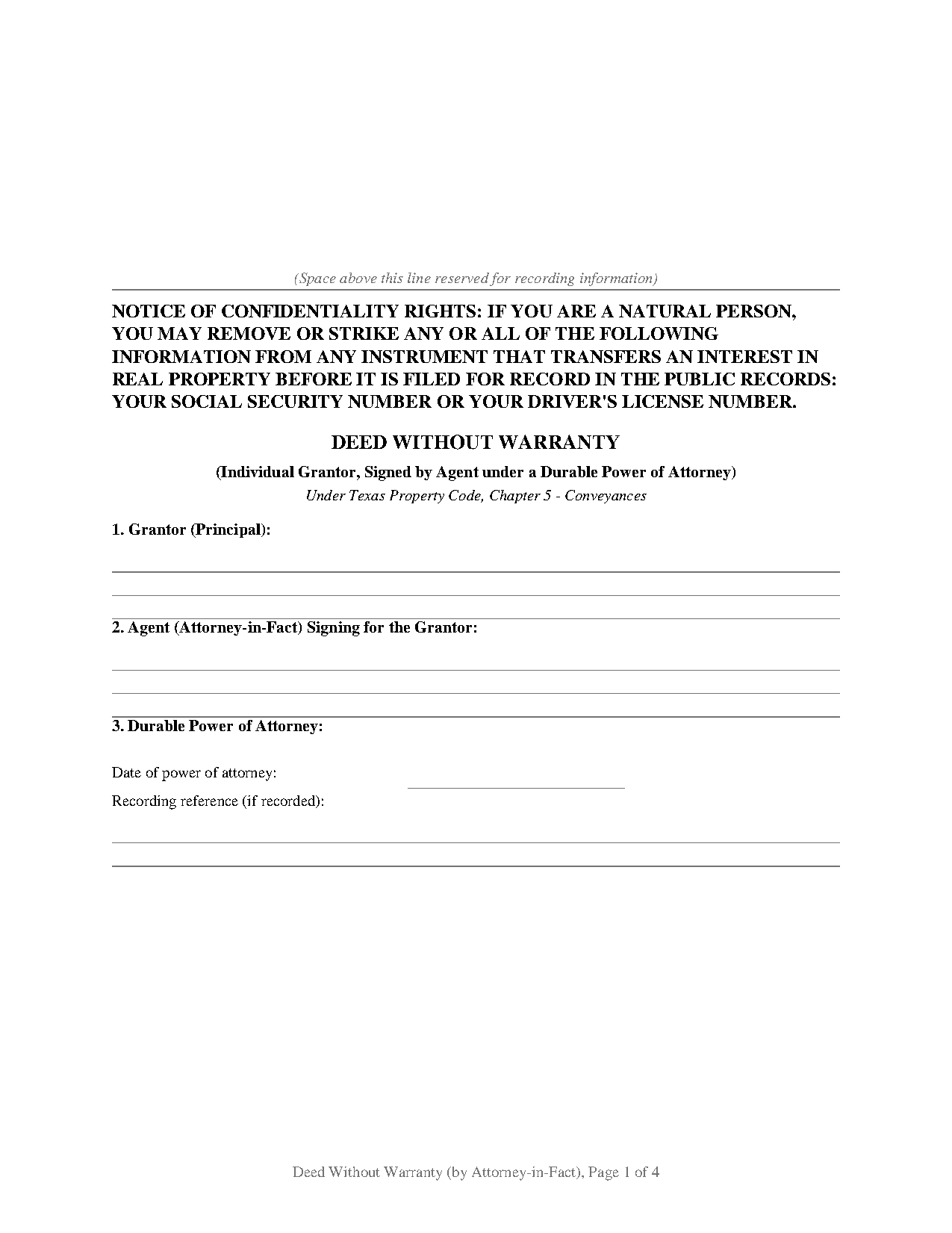 Camp County Deed Without Warranty (Signed by Attorney-in-Fact) Form