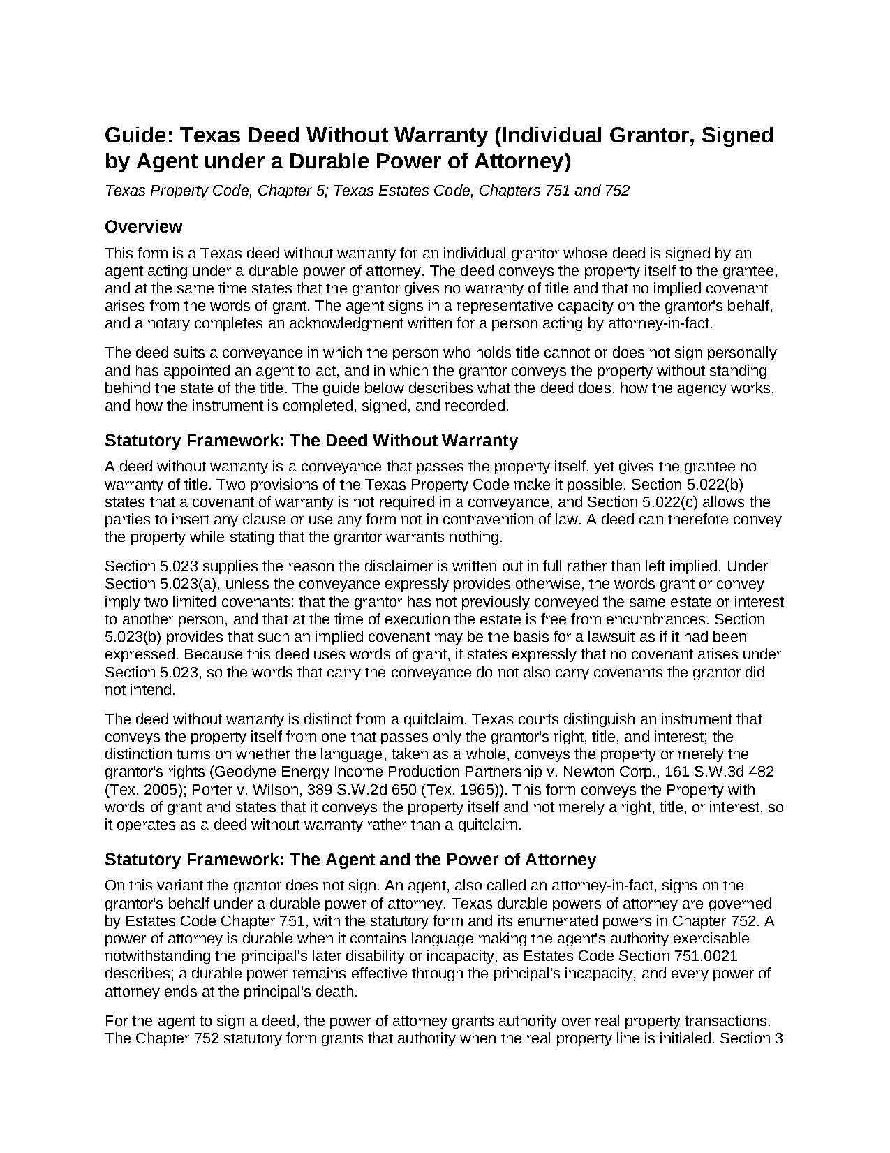 Camp County Deed Without Warranty (Signed by Attorney-in-Fact) Guide