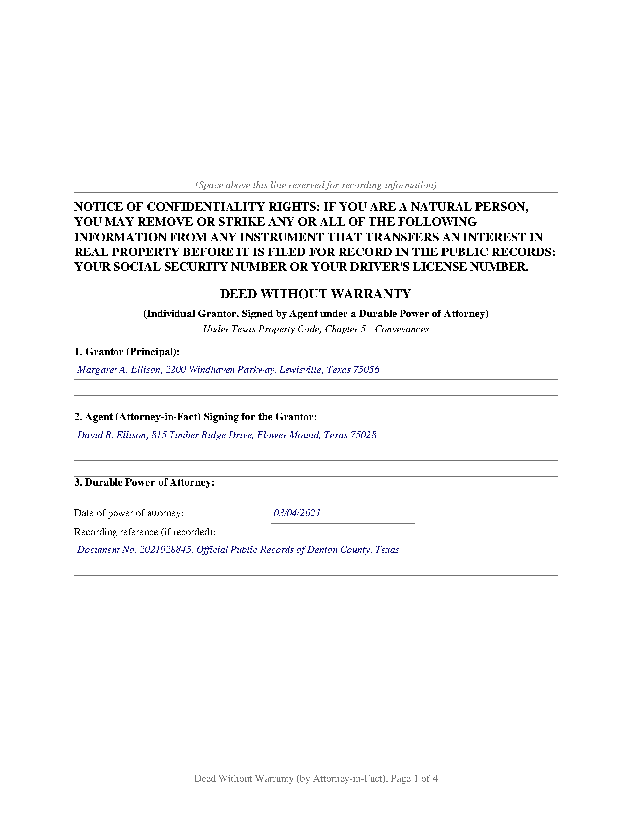 Camp County Completed Example of the Deed Without Warranty (Signed by Attorney-in-Fact) Document