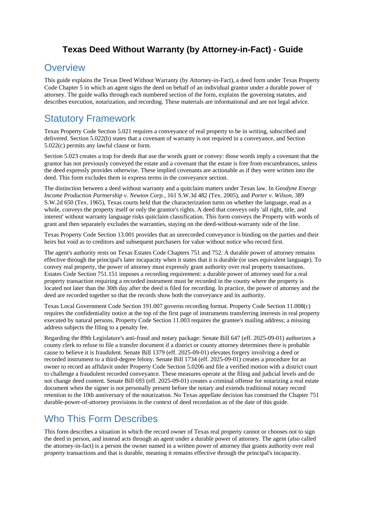 Freestone County Deed Without Warranty (Signed by Attorney-in-Fact) Guide