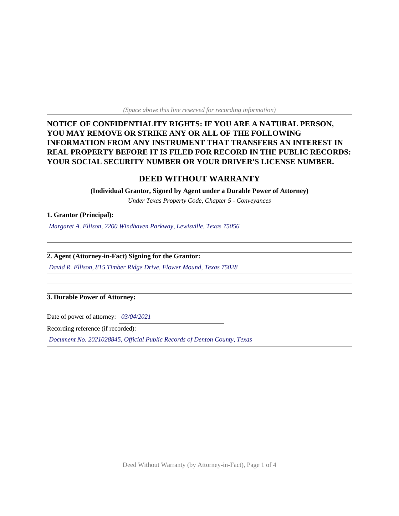Freestone County Completed Example of the Deed Without Warranty (Signed by Attorney-in-Fact) Document