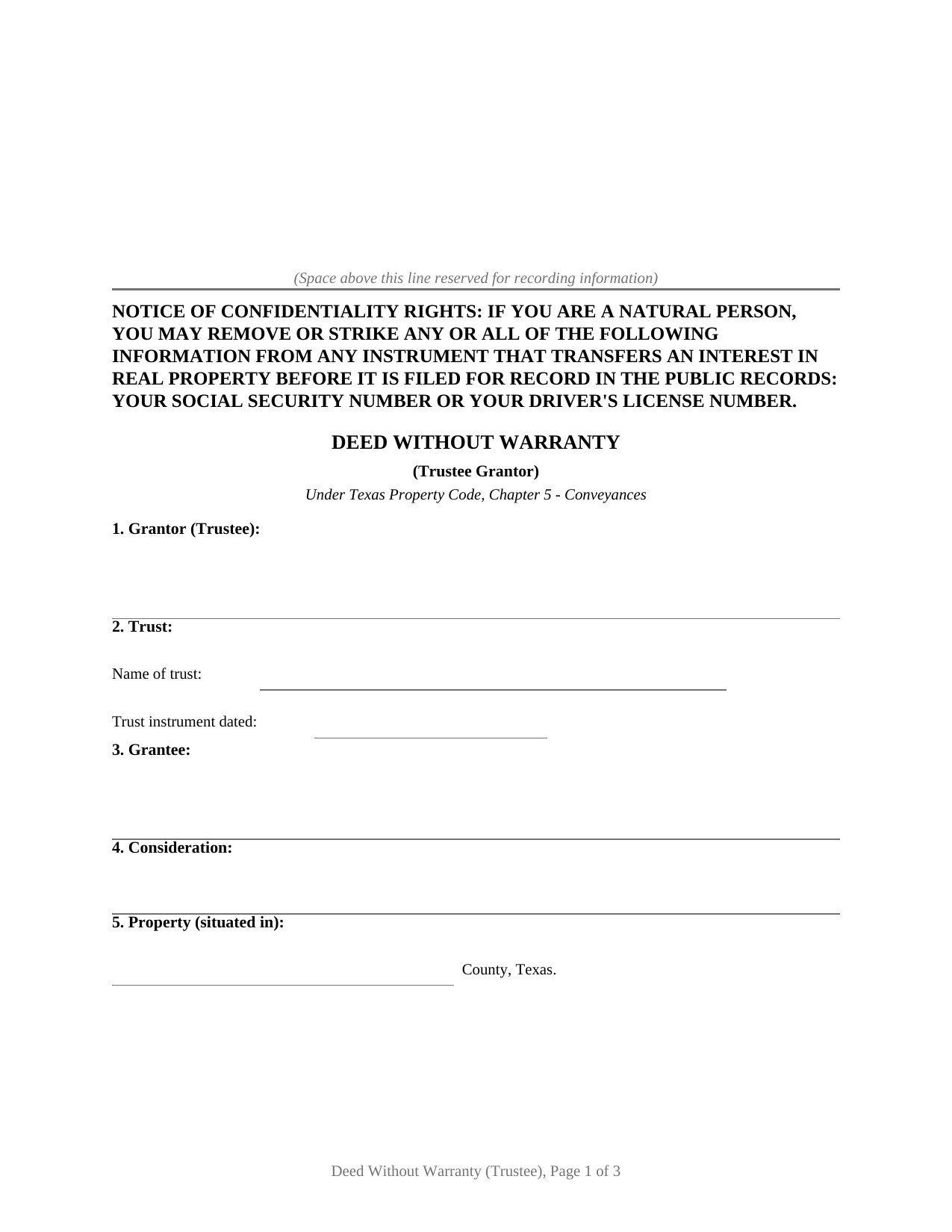Hemphill County Deed Without Warranty (Trustee Grantor) Form
