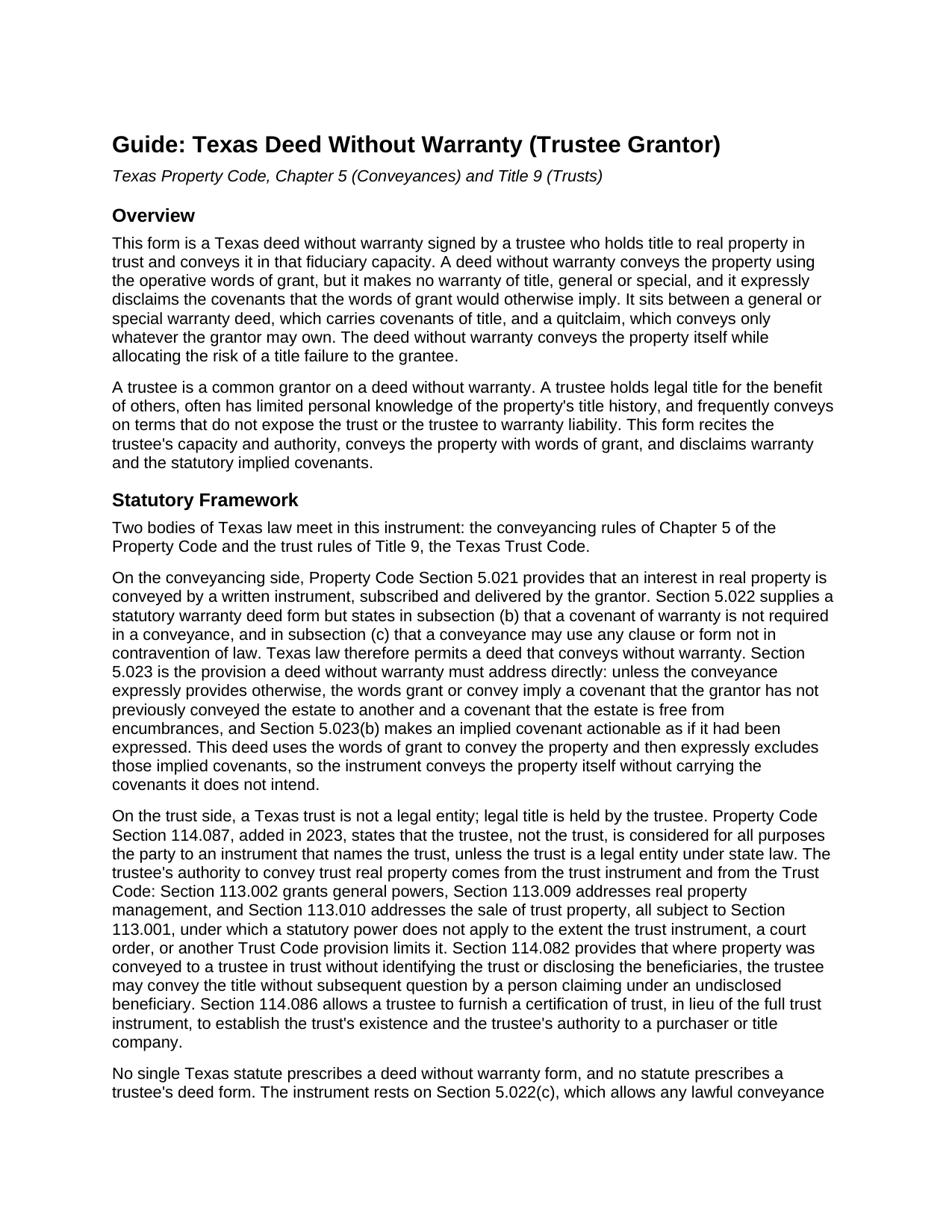 Hemphill County Deed Without Warranty (Trustee Grantor) Guide