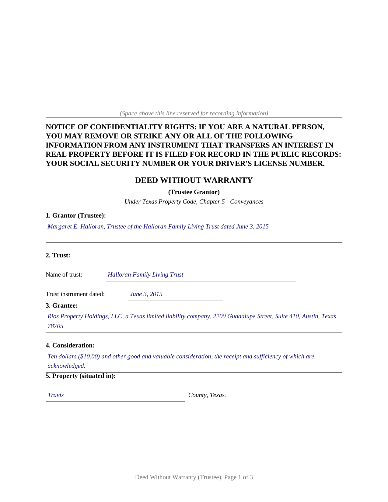 Hemphill County Completed Example of the Deed Without Warranty (Trustee Grantor) Document