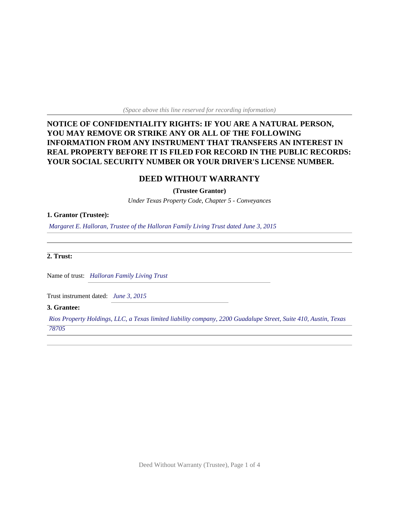Orange County Completed Example of the Deed Without Warranty (Trustee Grantor) Document
