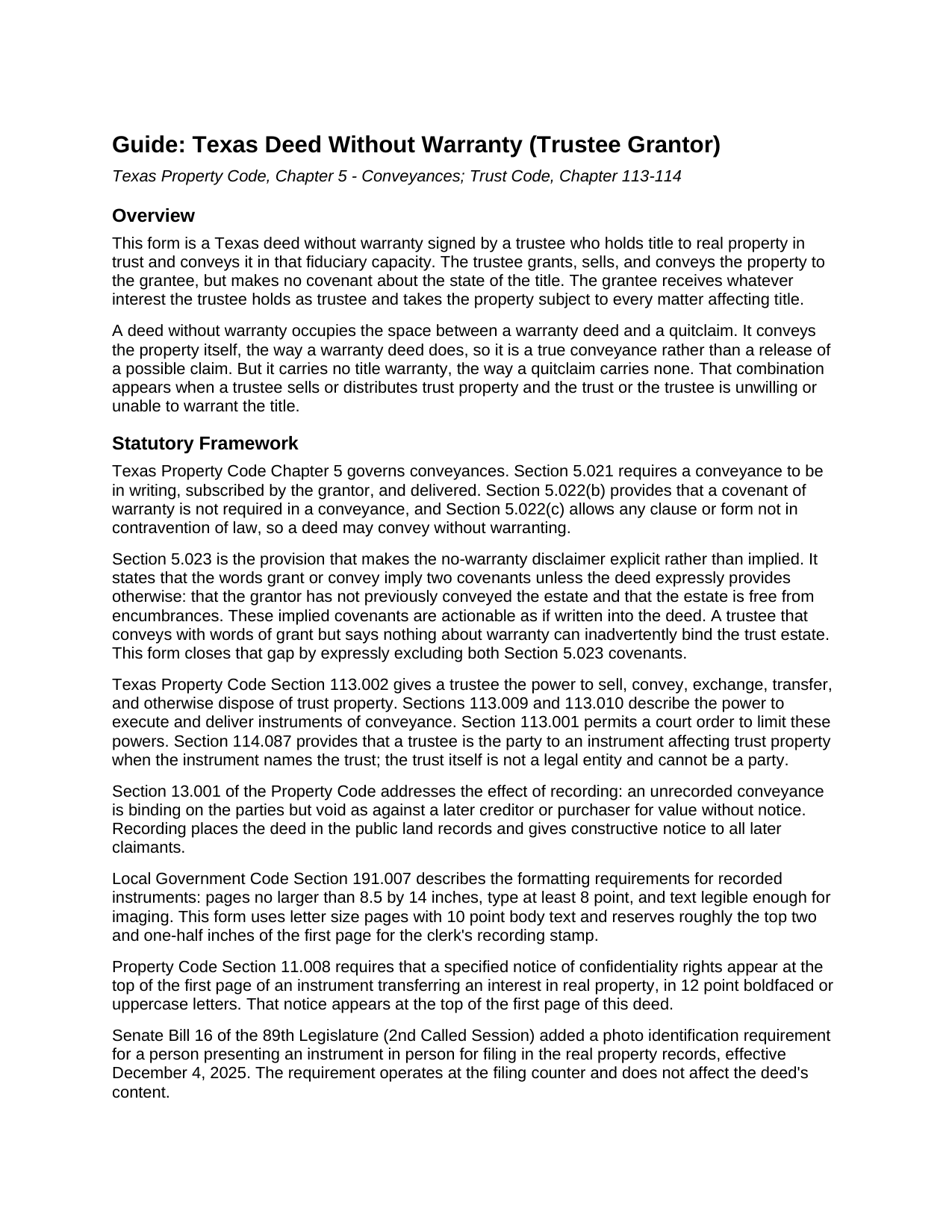 Orange County Deed Without Warranty (Trustee Grantor) Guide