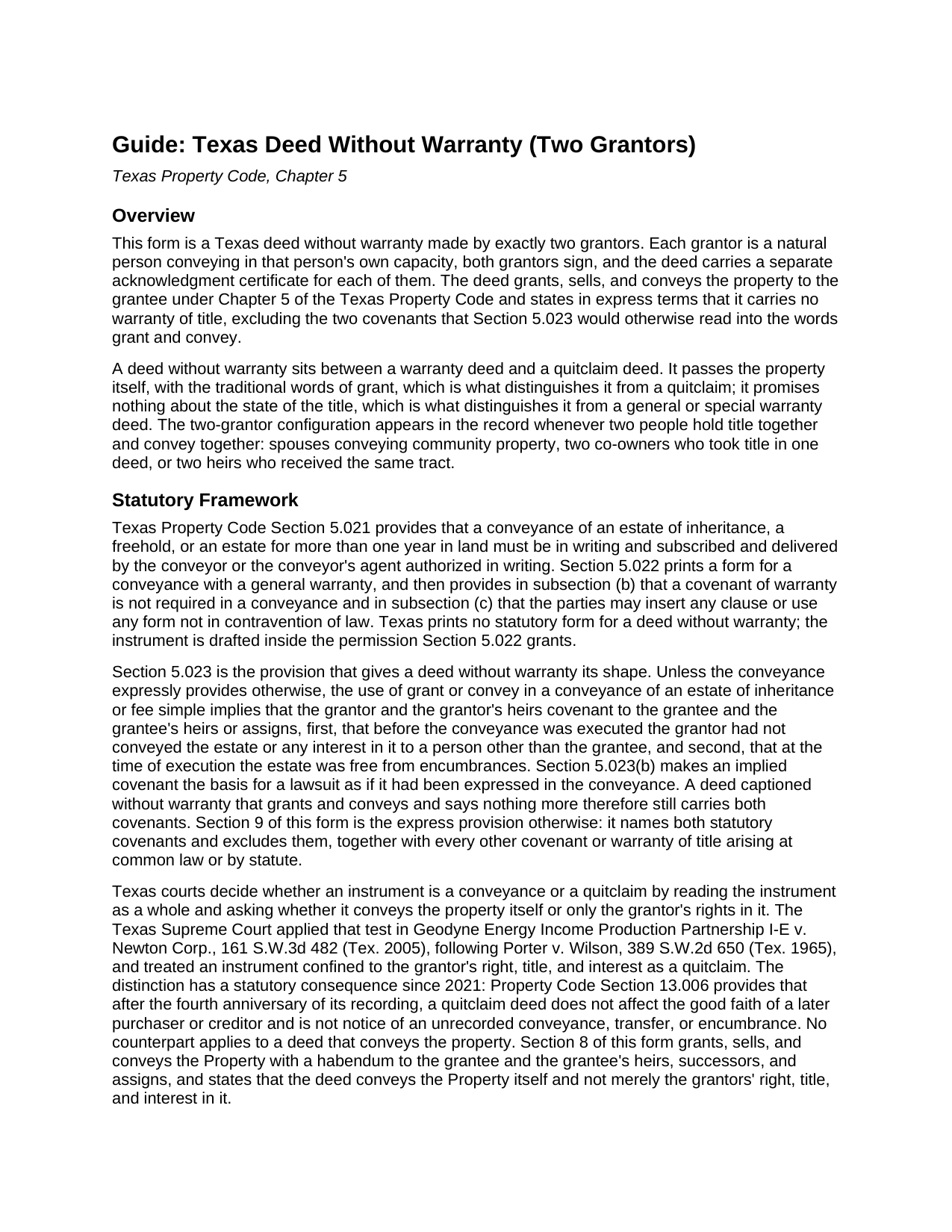Cameron County Deed Without Warranty (Two Grantors) Guide