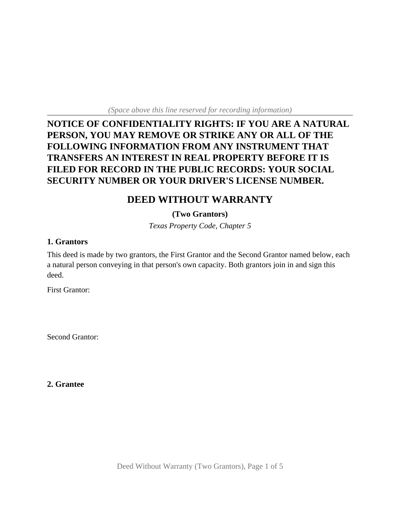 Cameron County Deed Without Warranty (Two Grantors) Form
