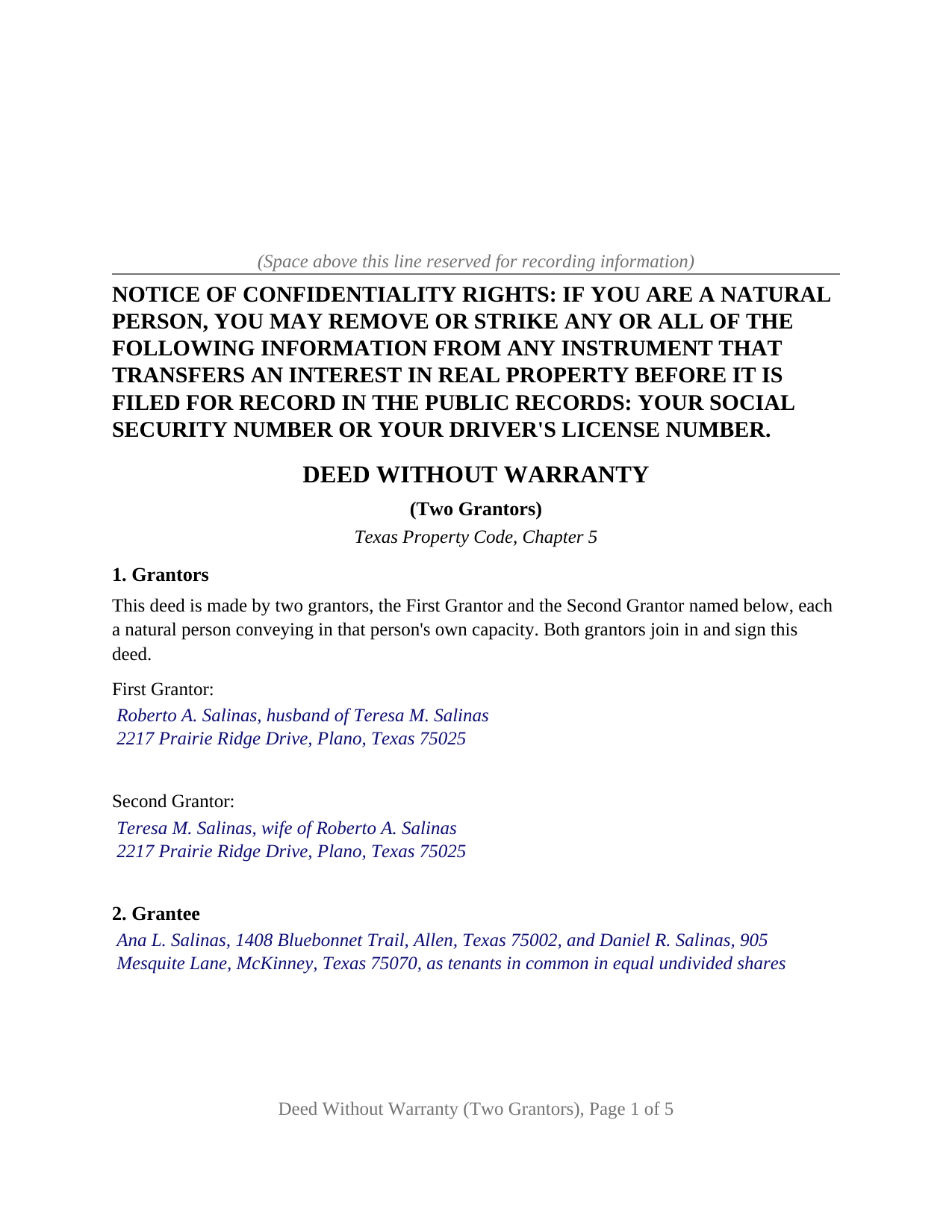 Cameron County Completed Example of the Deed Without Warranty (Two Grantors) Document