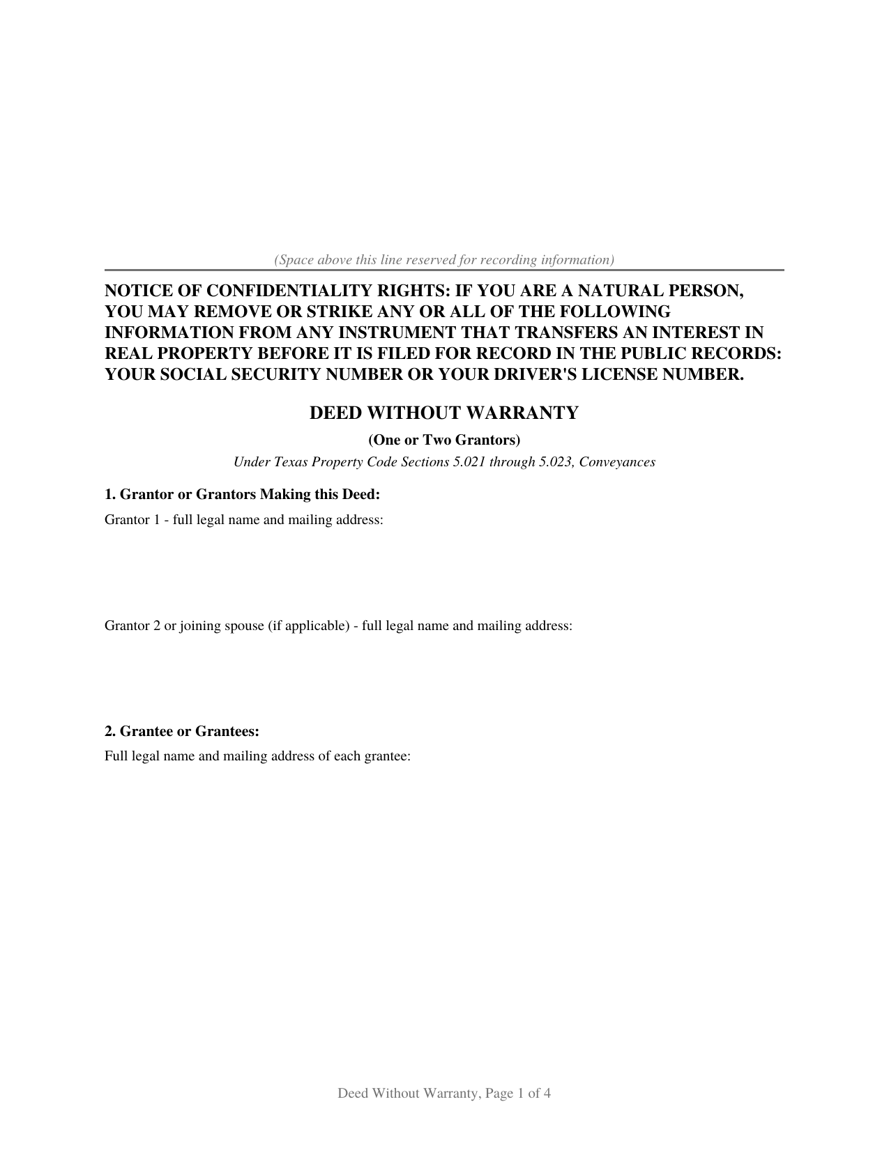 Red River County Deed Without Warranty Form