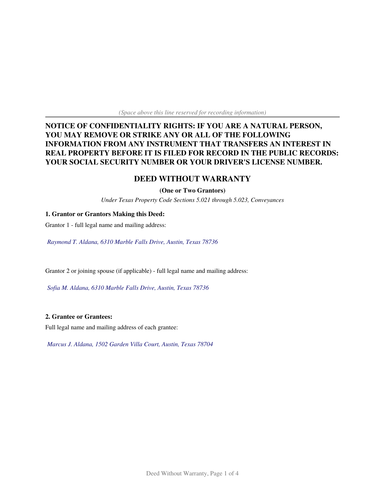 Red River County Completed Example of the Deed Without Warranty Document