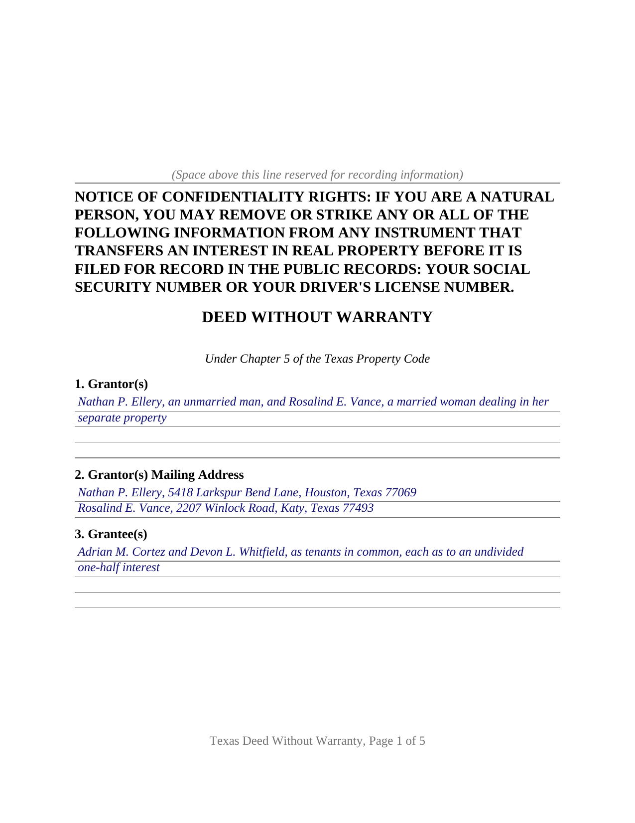 Dallam County Completed Example of the Deed Without Warranty Document