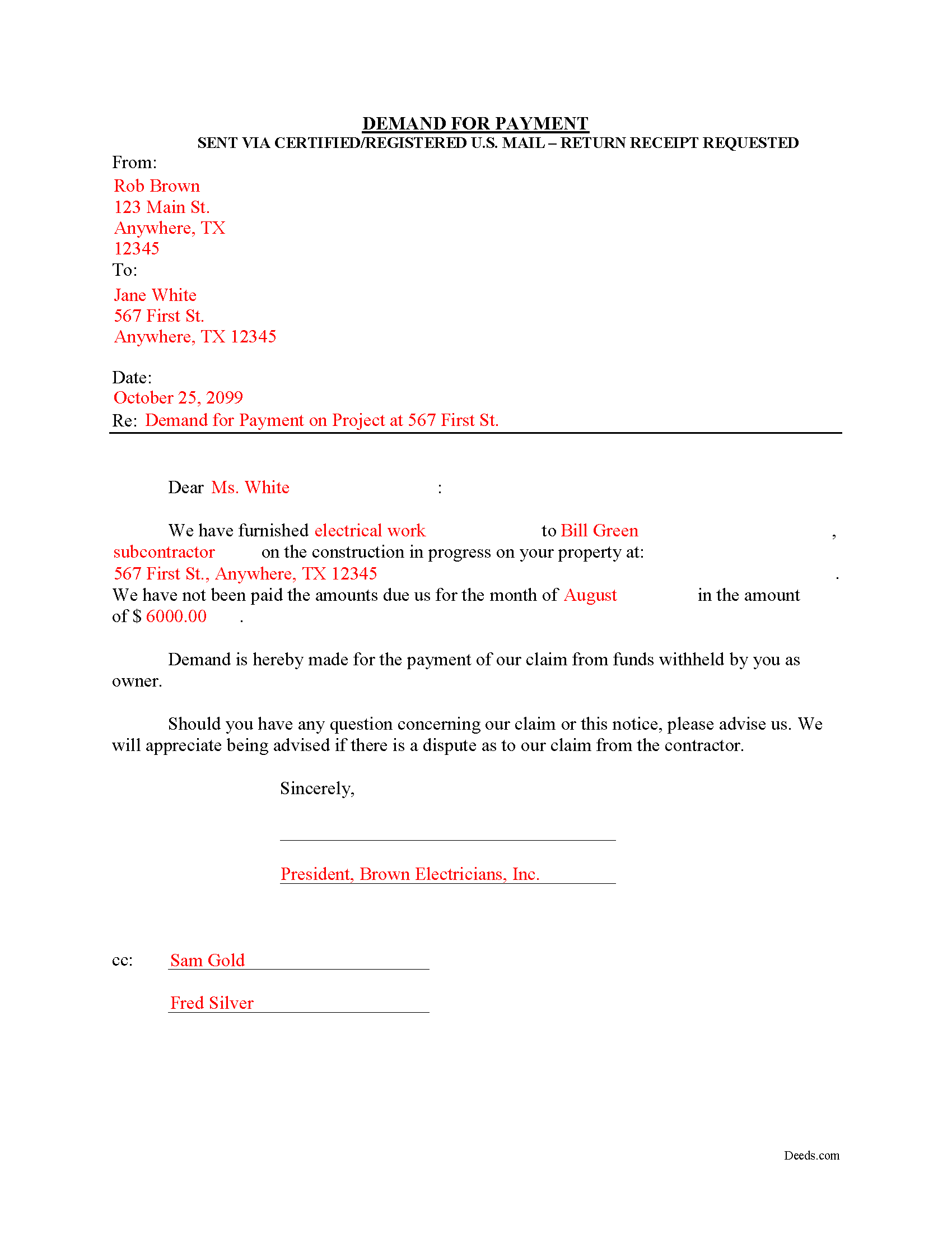 Completed Example of the Demand for Payment Document
