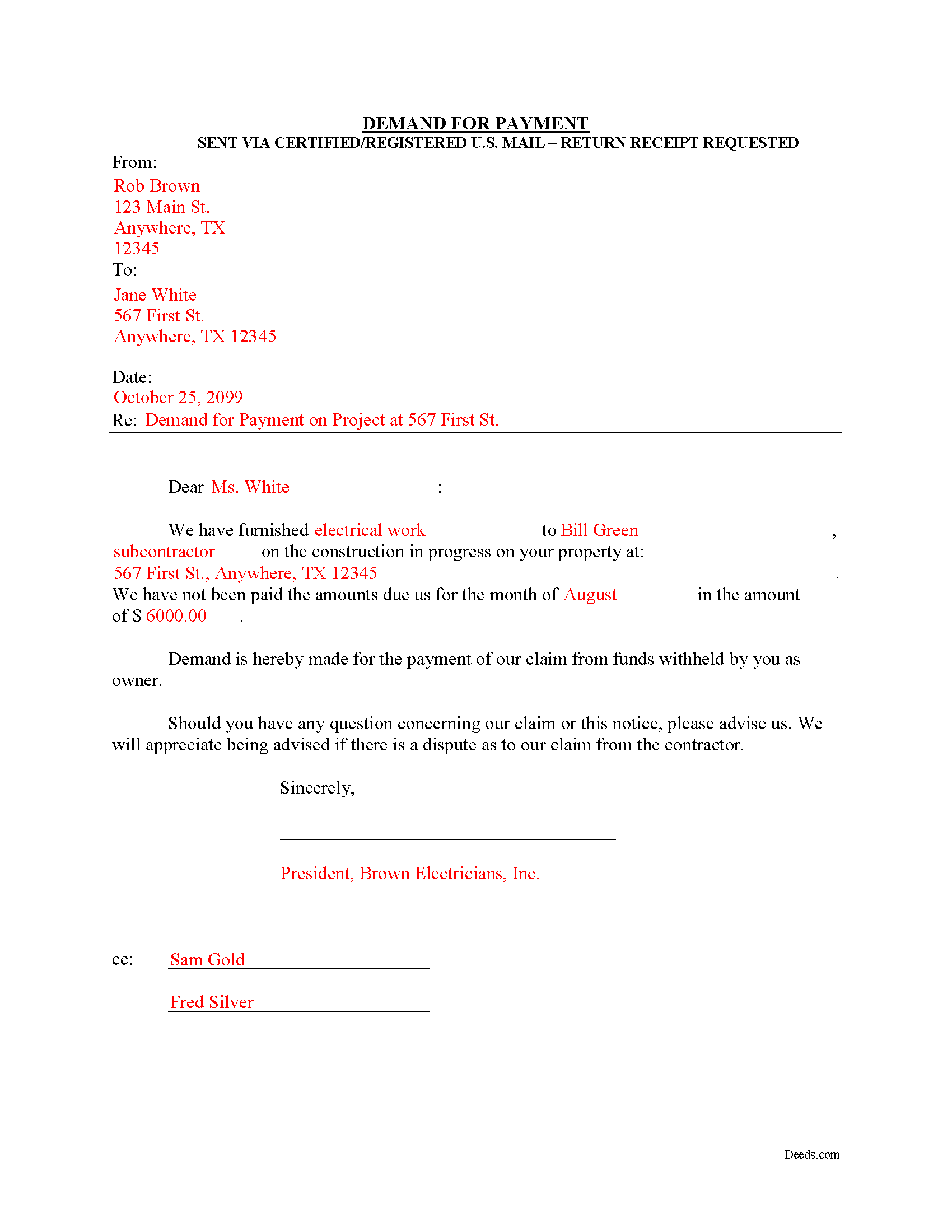 Midland County Completed Example of the Demand for Payment Document
