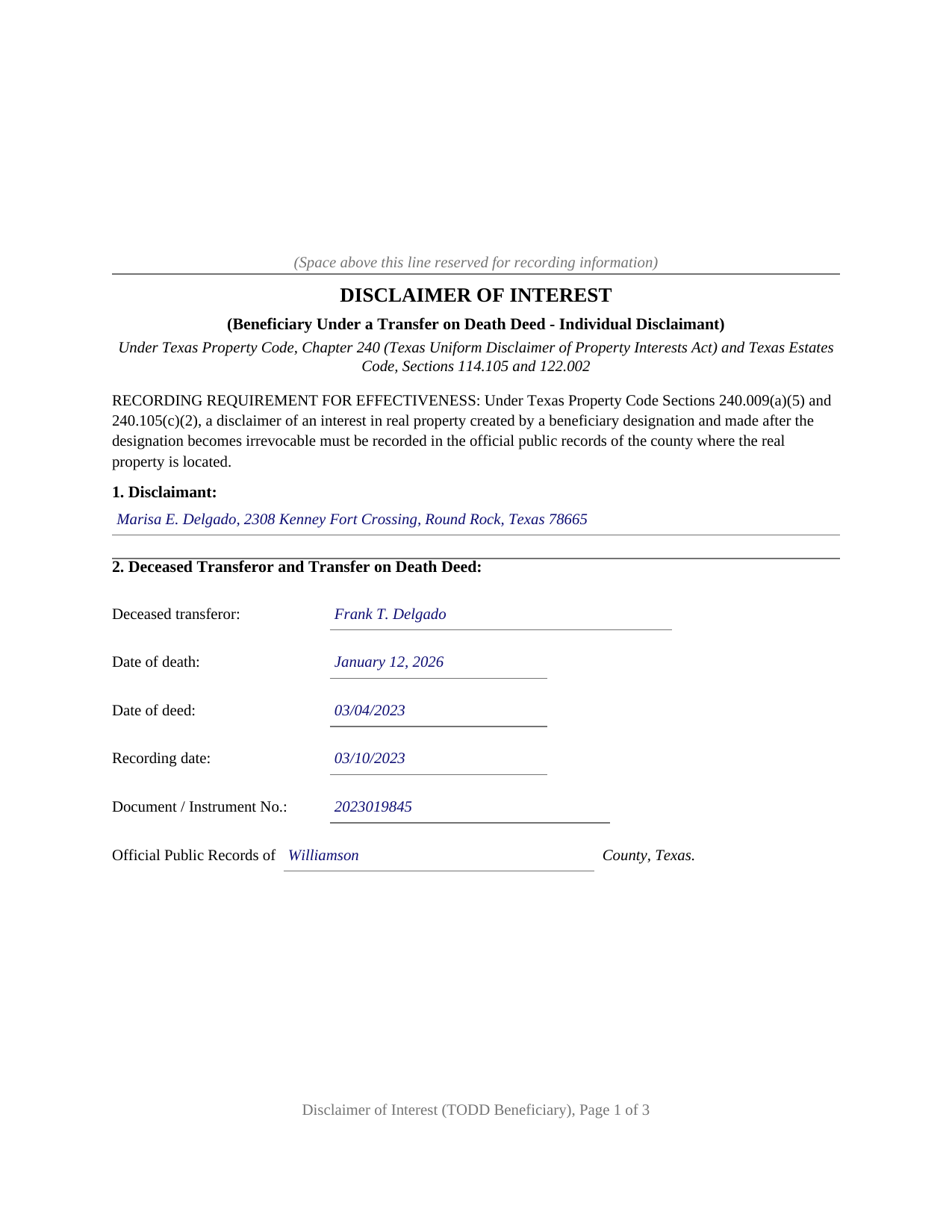 Galveston County Completed Example of the Disclaimer of Interest by Transfer on Death Deed Beneficiary (Individual) Document