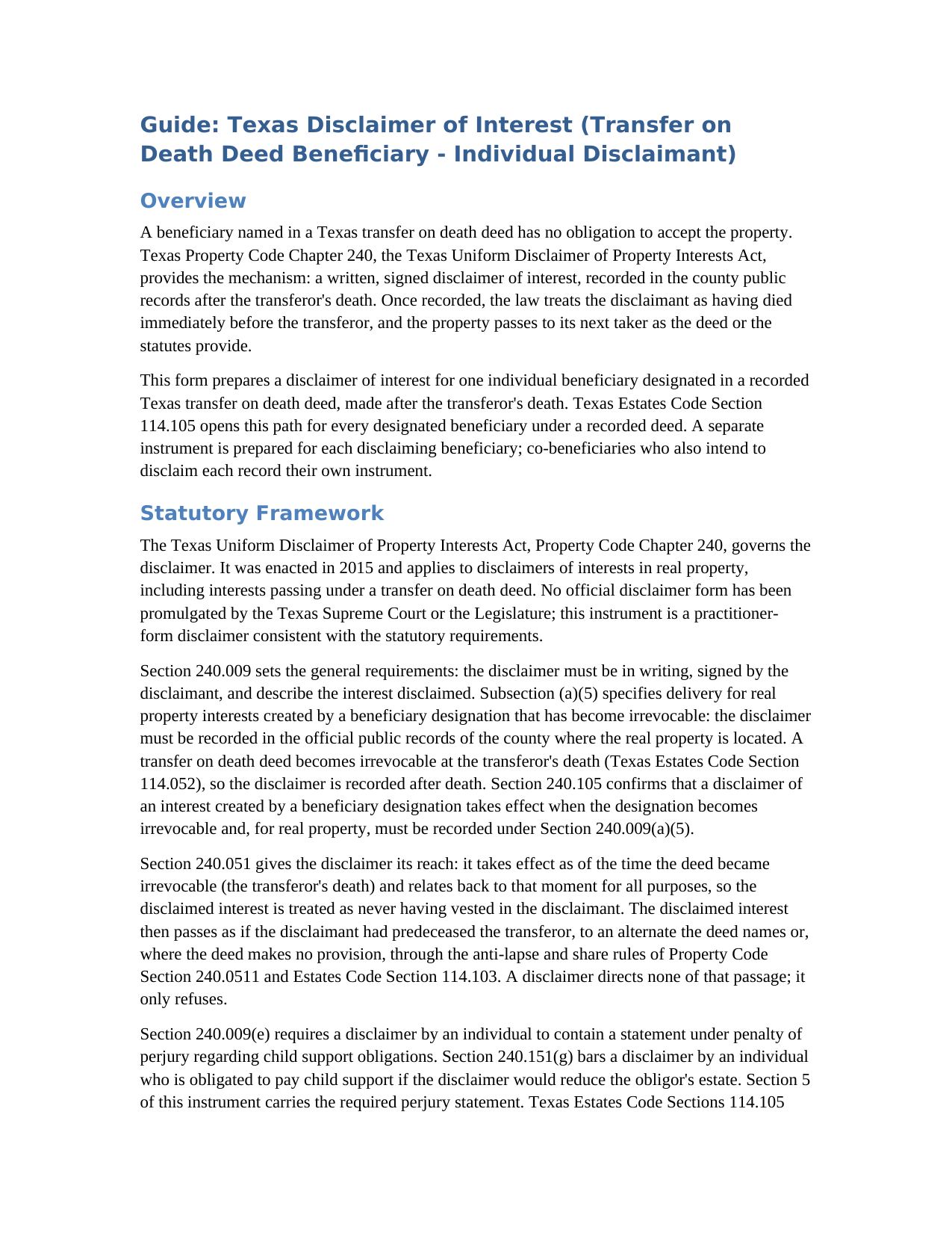 Galveston County Disclaimer of Interest by Transfer on Death Deed Beneficiary (Individual) Guide