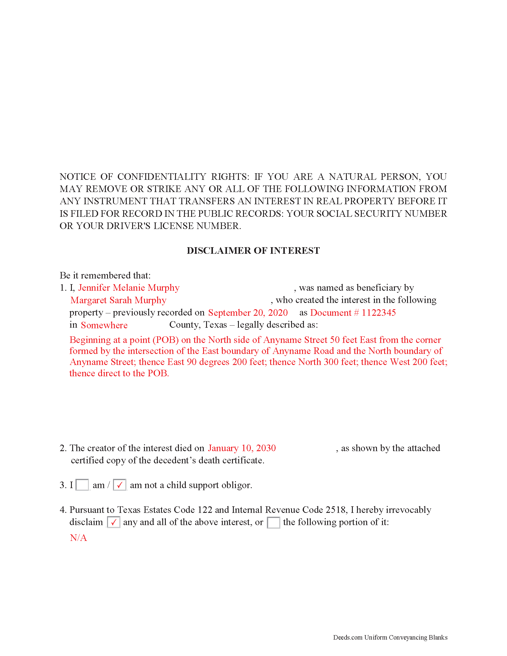 Completed Example of the Disclaimer of Interest Document