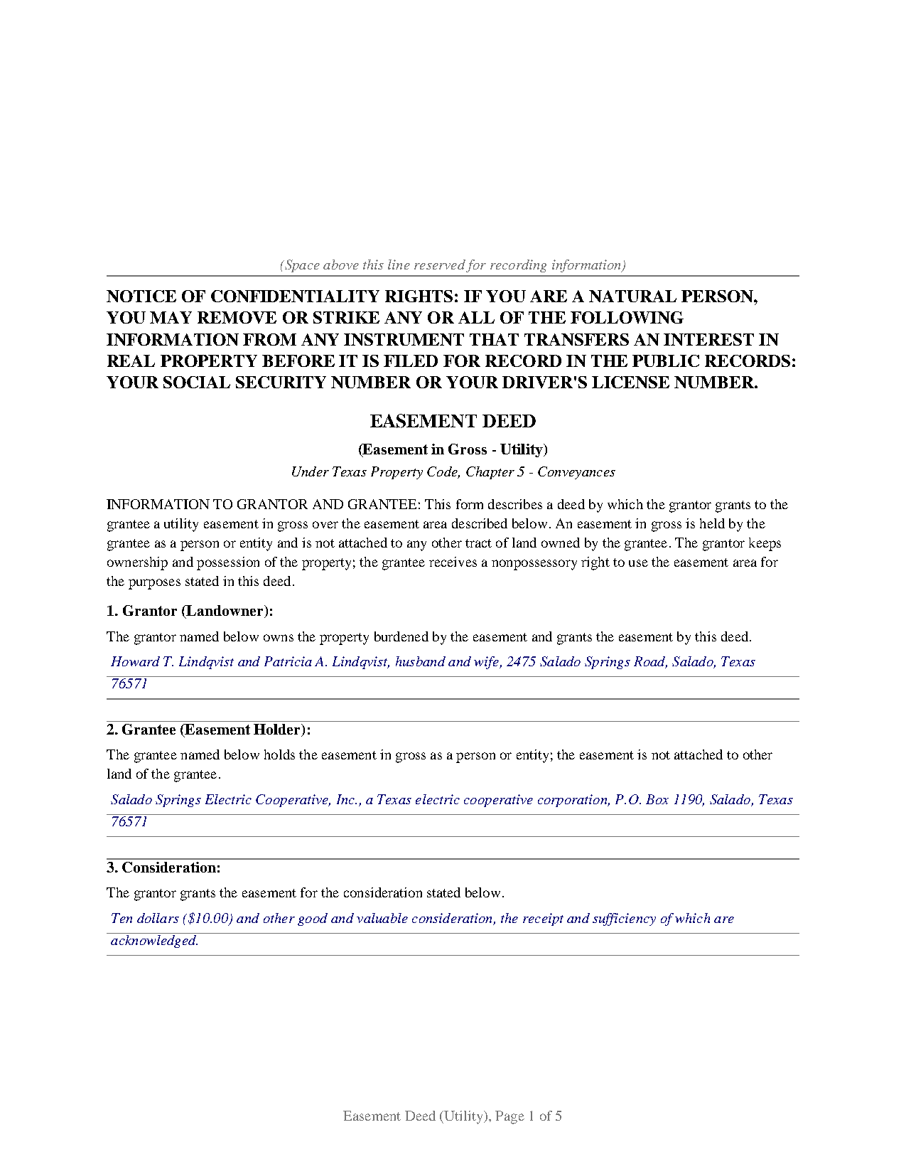 Castro County Completed Example of the Easement Deed (In Gross - Utility) Document