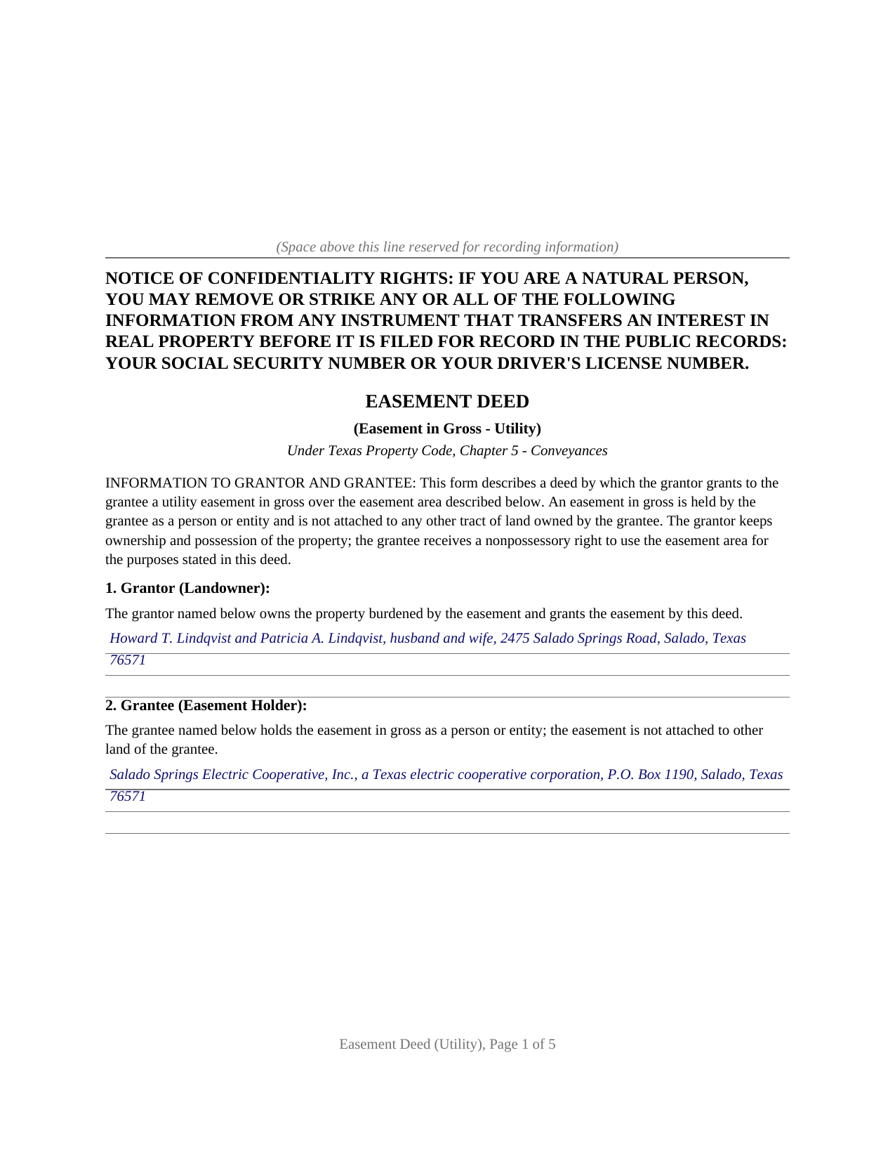 Delta County Completed Example of the Easement Deed (In Gross - Utility) Document