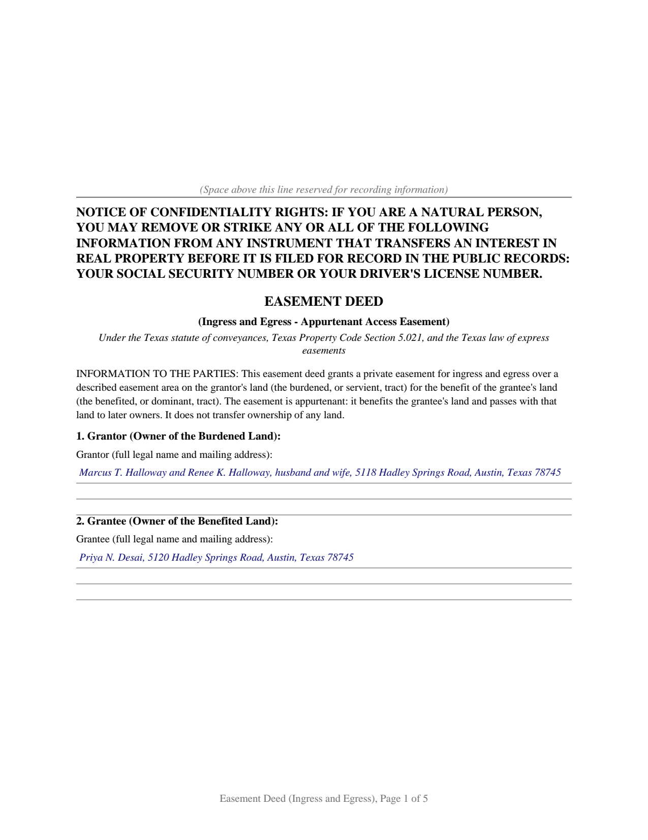 Delta County Completed Example of the Easement Deed (Ingress and Egress) Document