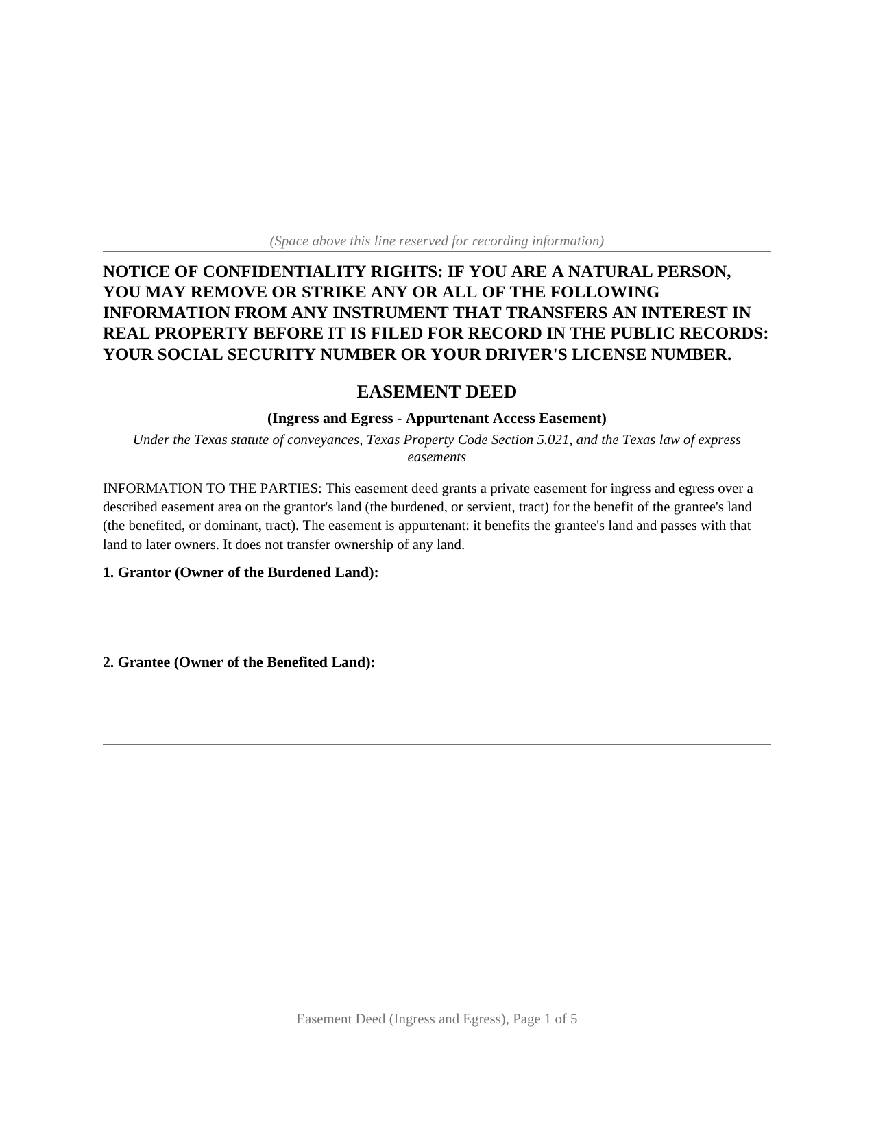 Carson County Easement Deed (Ingress and Egress) Form