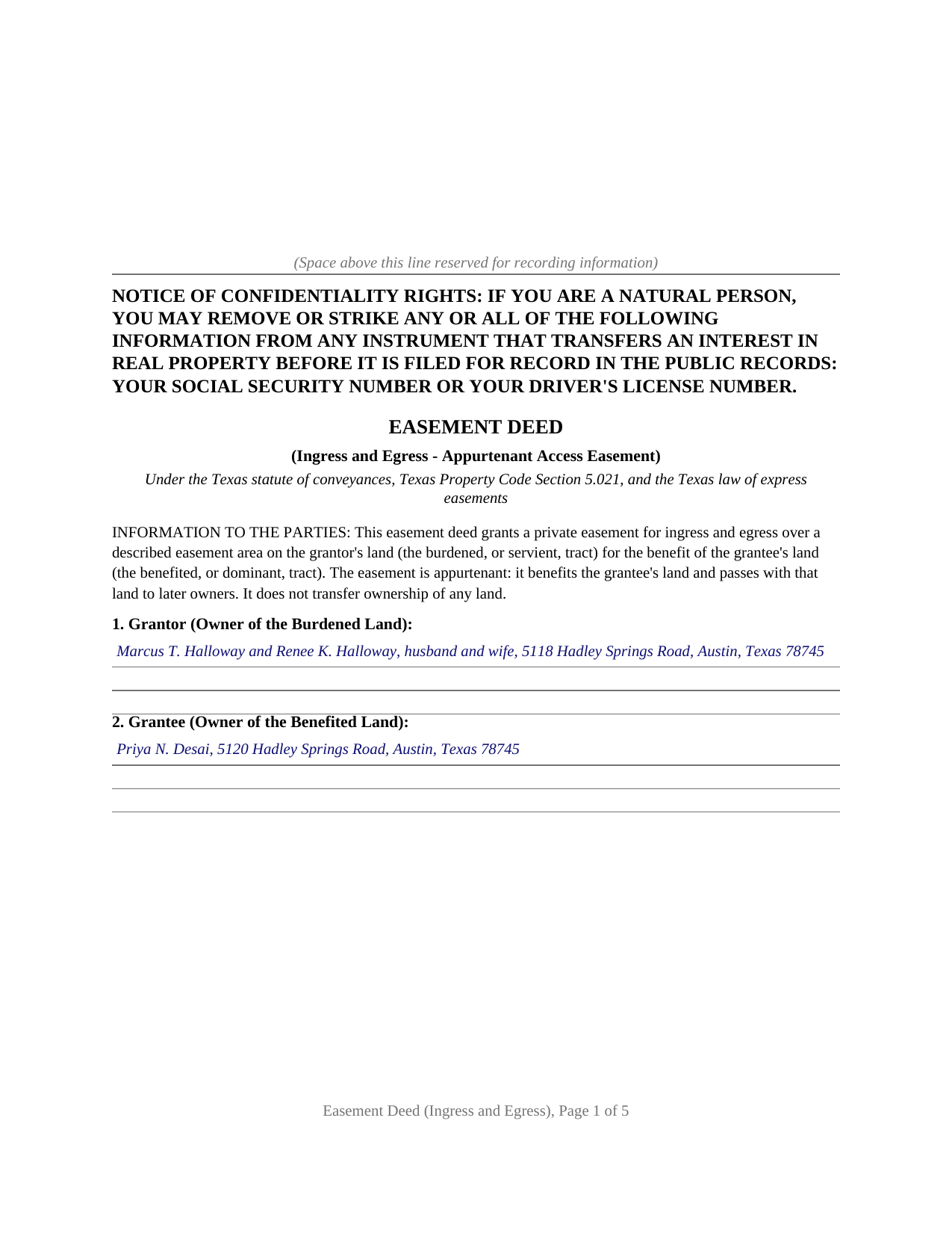 Carson County Completed Example of the Easement Deed (Ingress and Egress) Document