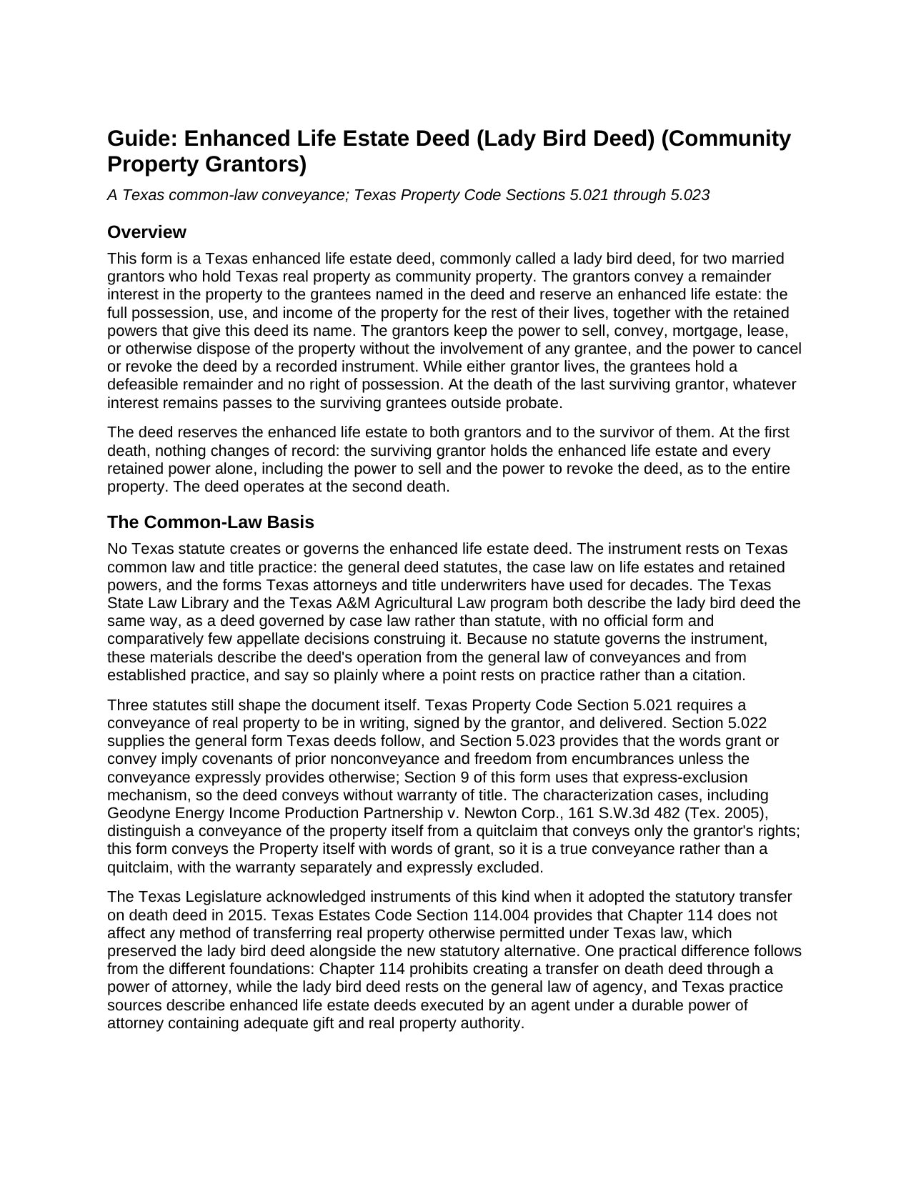 Delta County Enhanced Life Estate Deed (Lady Bird Deed) (Community Property Grantors) Guide
