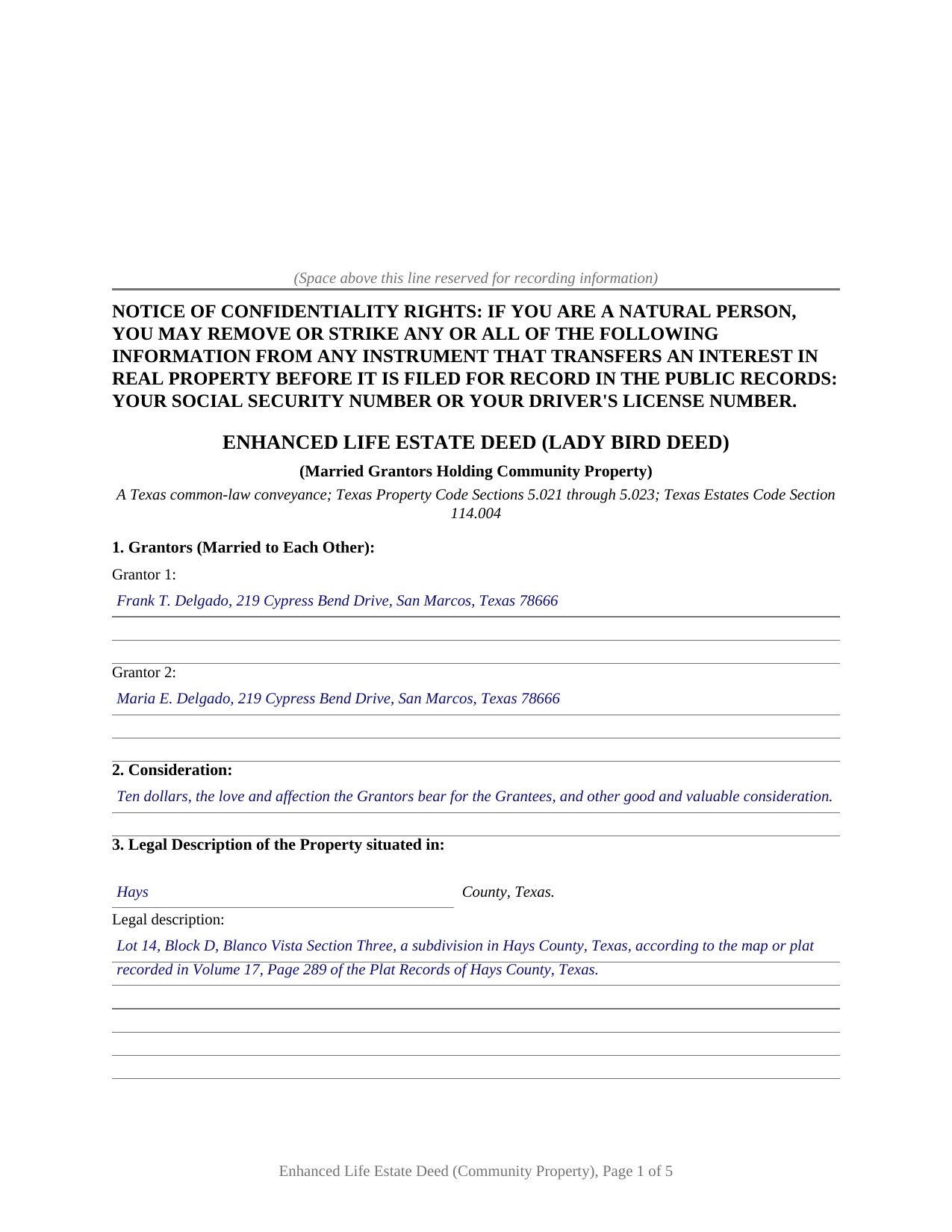 Delta County Completed Example of the Enhanced Life Estate Deed (Lady Bird Deed) (Community Property Grantors) Document