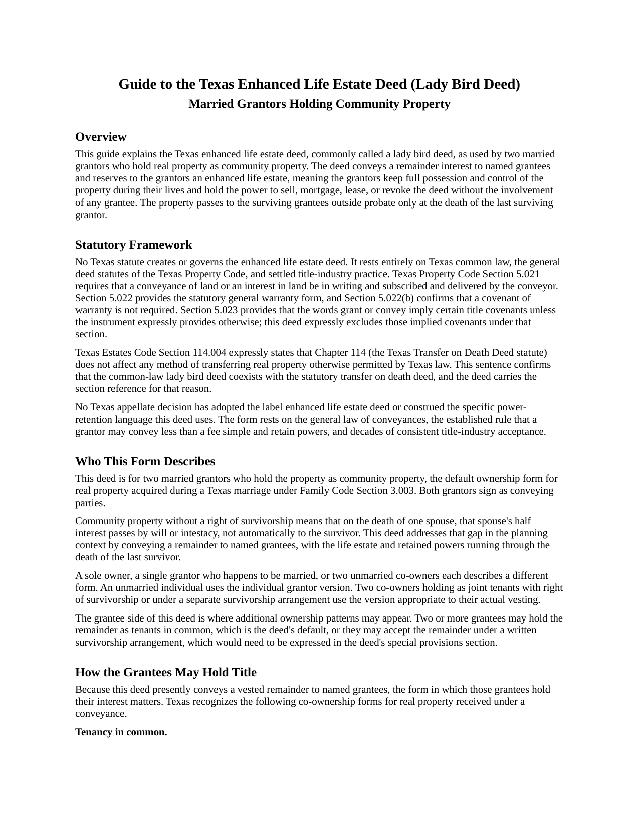 Galveston County Enhanced Life Estate Deed (Lady Bird Deed) (Community Property Grantors) Guide