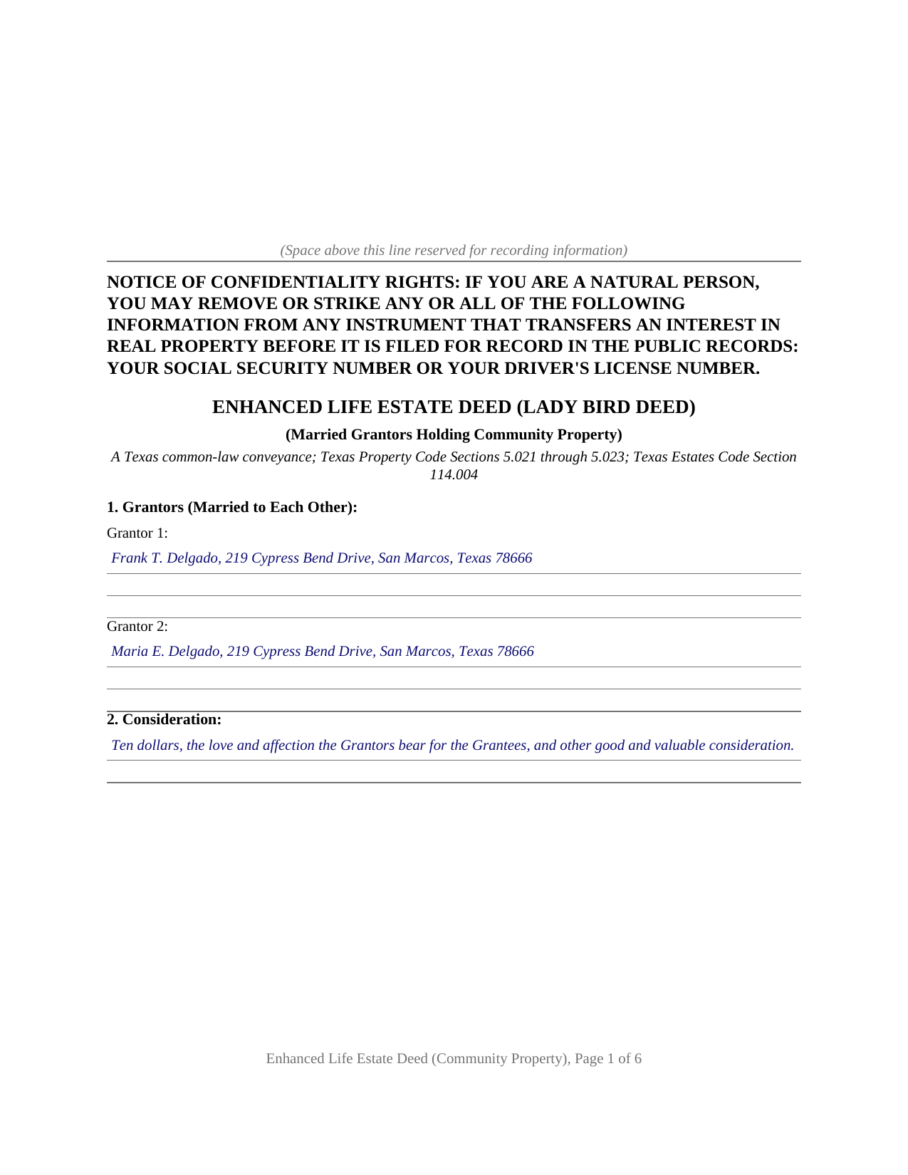 Galveston County Completed Example of the Enhanced Life Estate Deed (Lady Bird Deed) (Community Property Grantors) Document