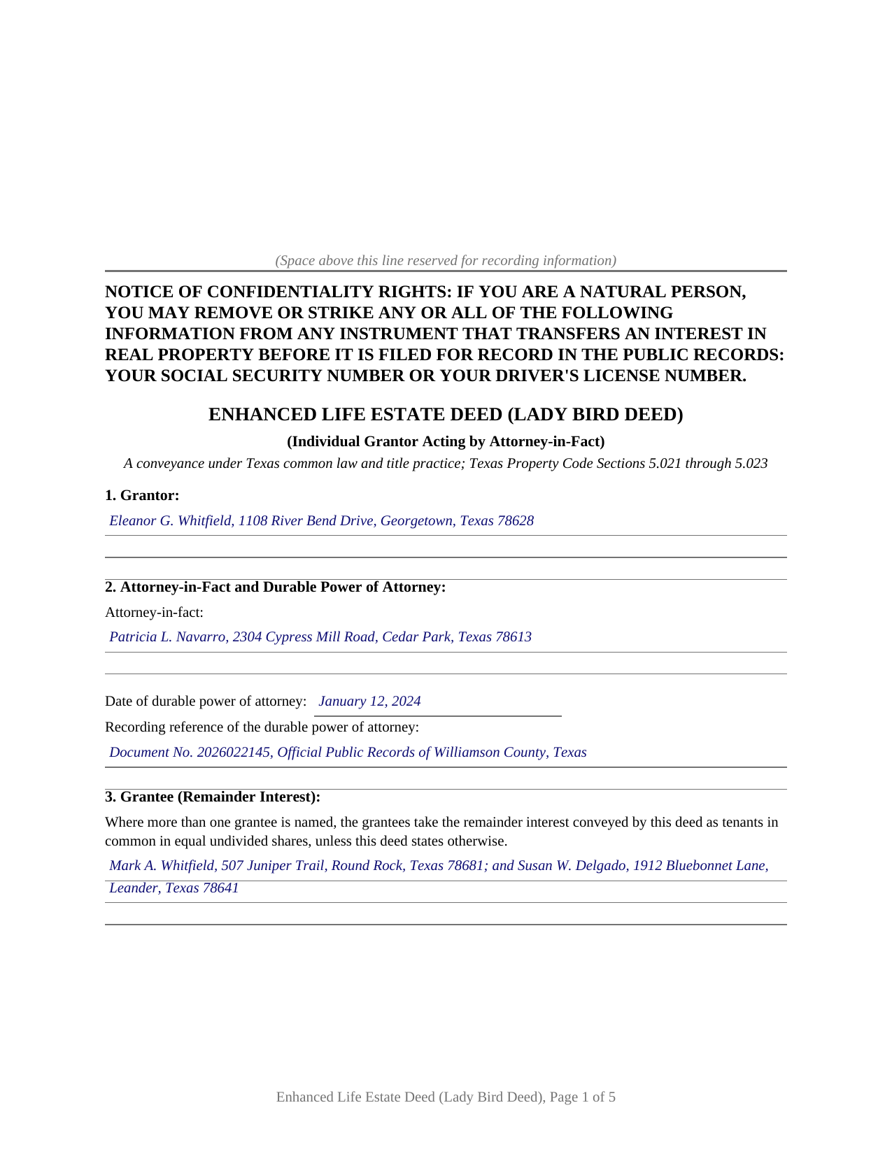 Delta County Completed Example of the Enhanced Life Estate Deed - Lady Bird Deed (Individual by Attorney-in-Fact) Document