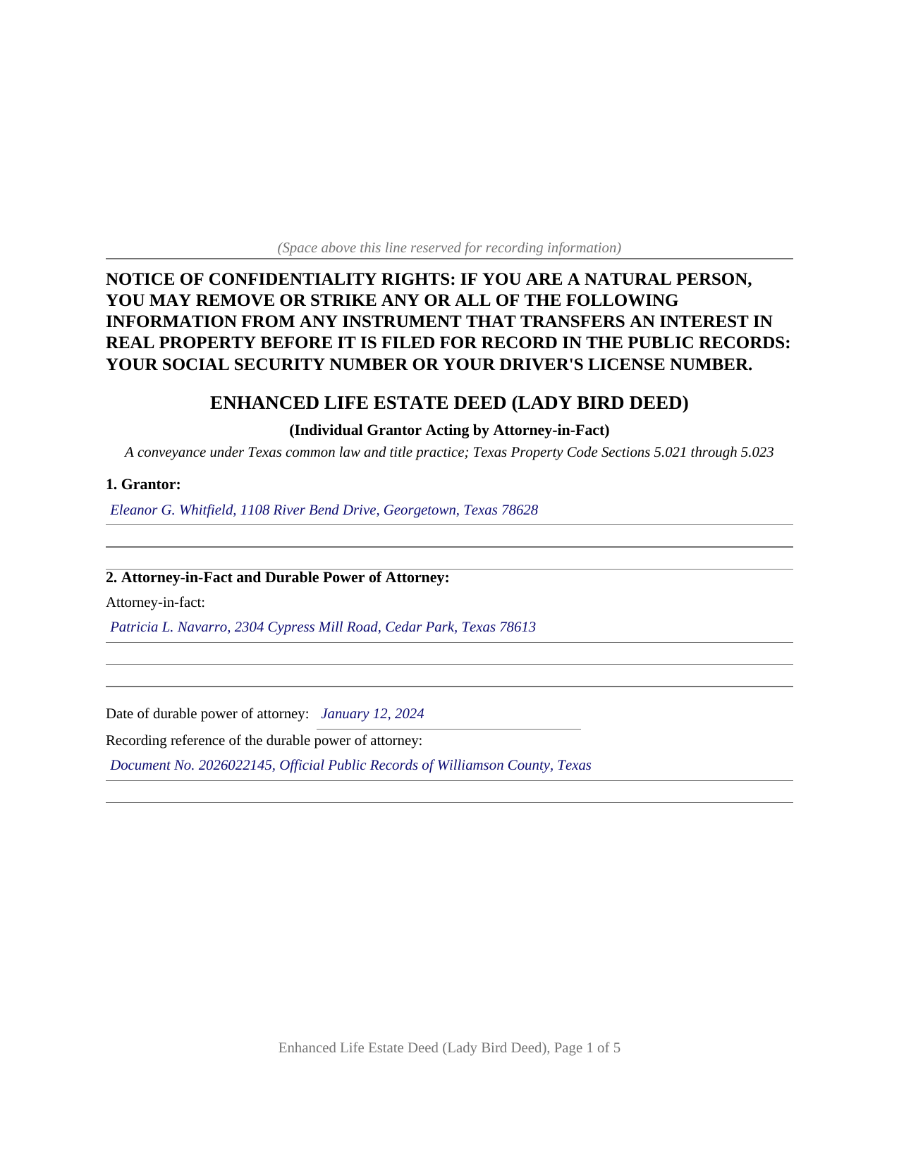 Hudspeth County Completed Example of the Enhanced Life Estate Deed - Lady Bird Deed (Individual by Attorney-in-Fact) Document