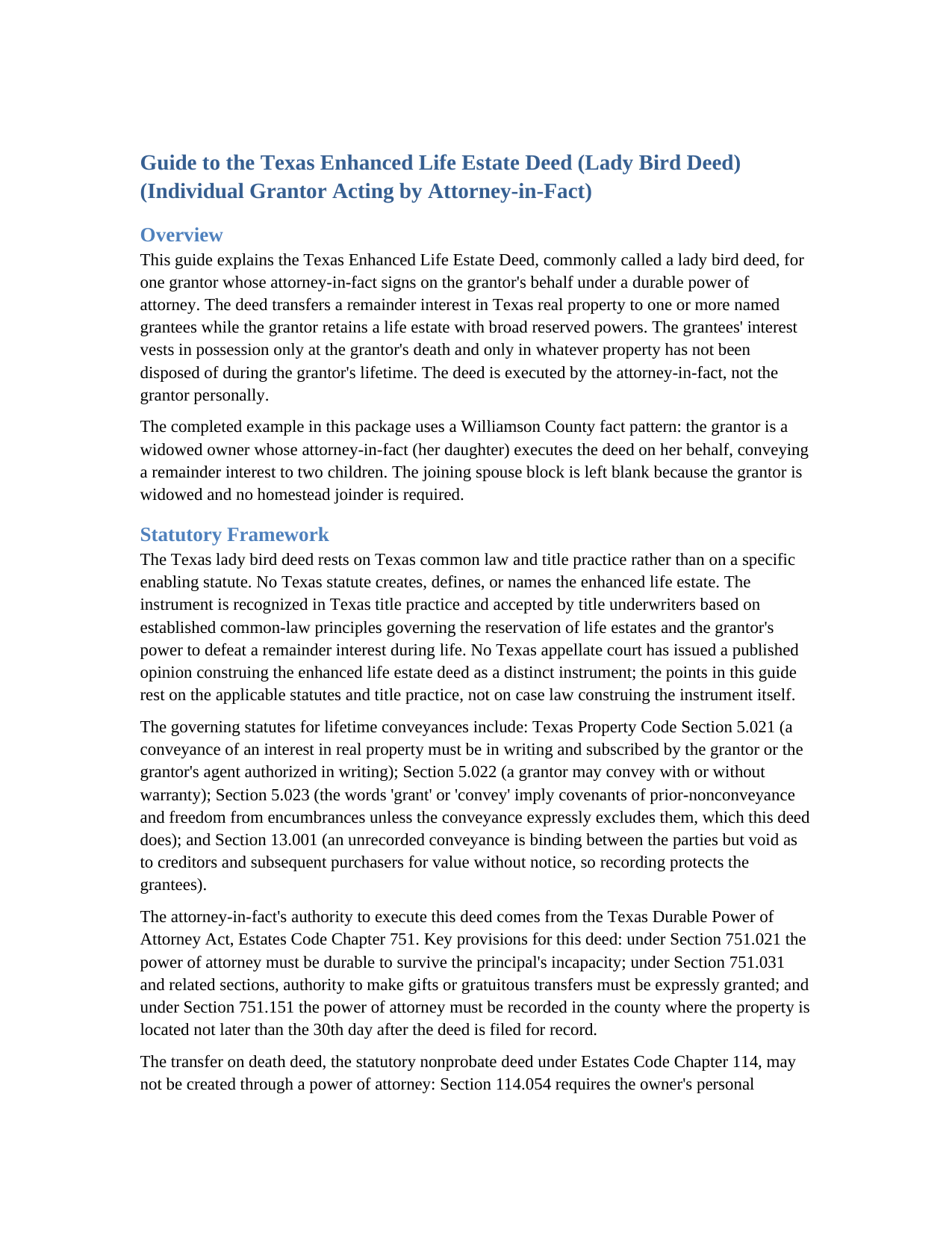 Hudspeth County Enhanced Life Estate Deed - Lady Bird Deed (Individual by Attorney-in-Fact) Guide