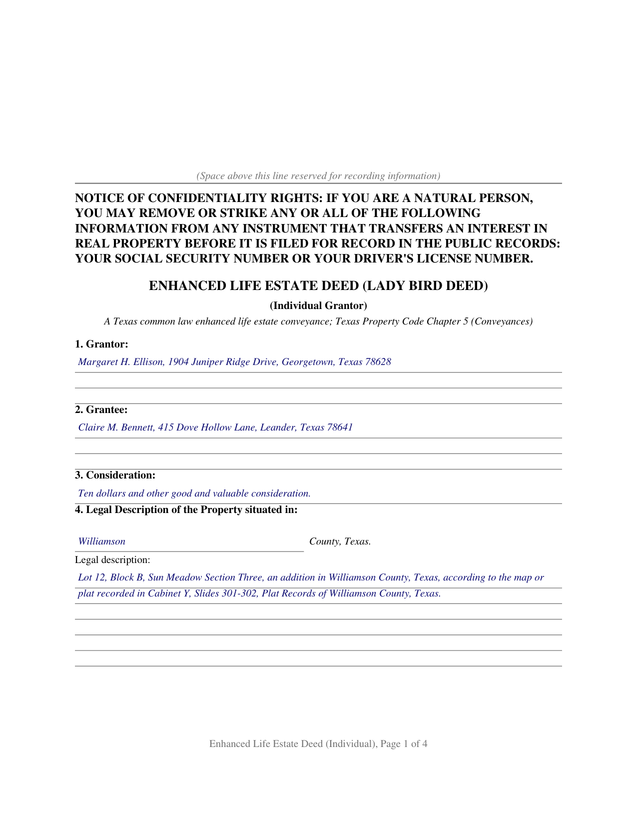Leon County Completed Example of the Enhanced Life Estate Deed (Lady Bird Deed) (Individual) Document