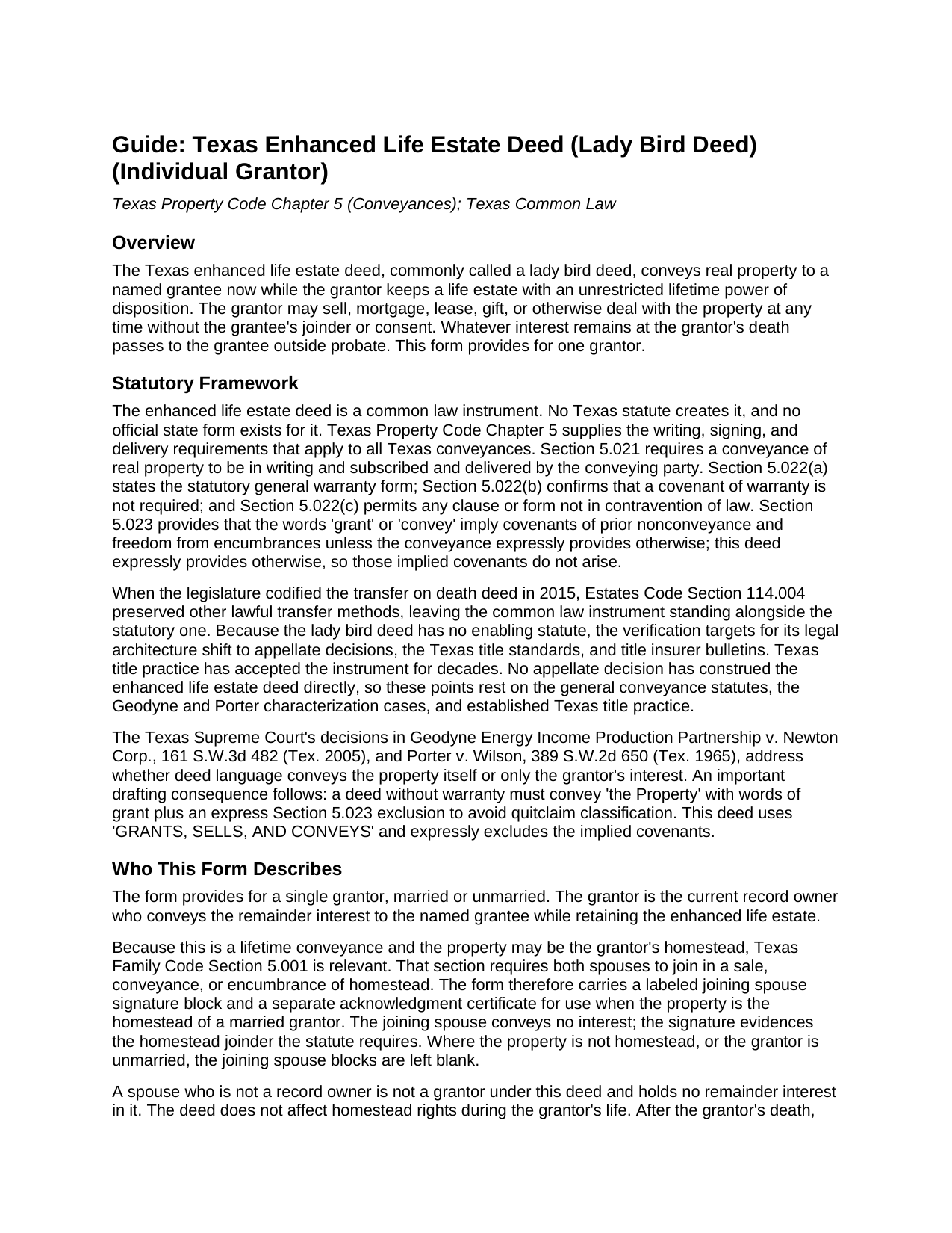 Leon County Enhanced Life Estate Deed (Lady Bird Deed) (Individual) Guide