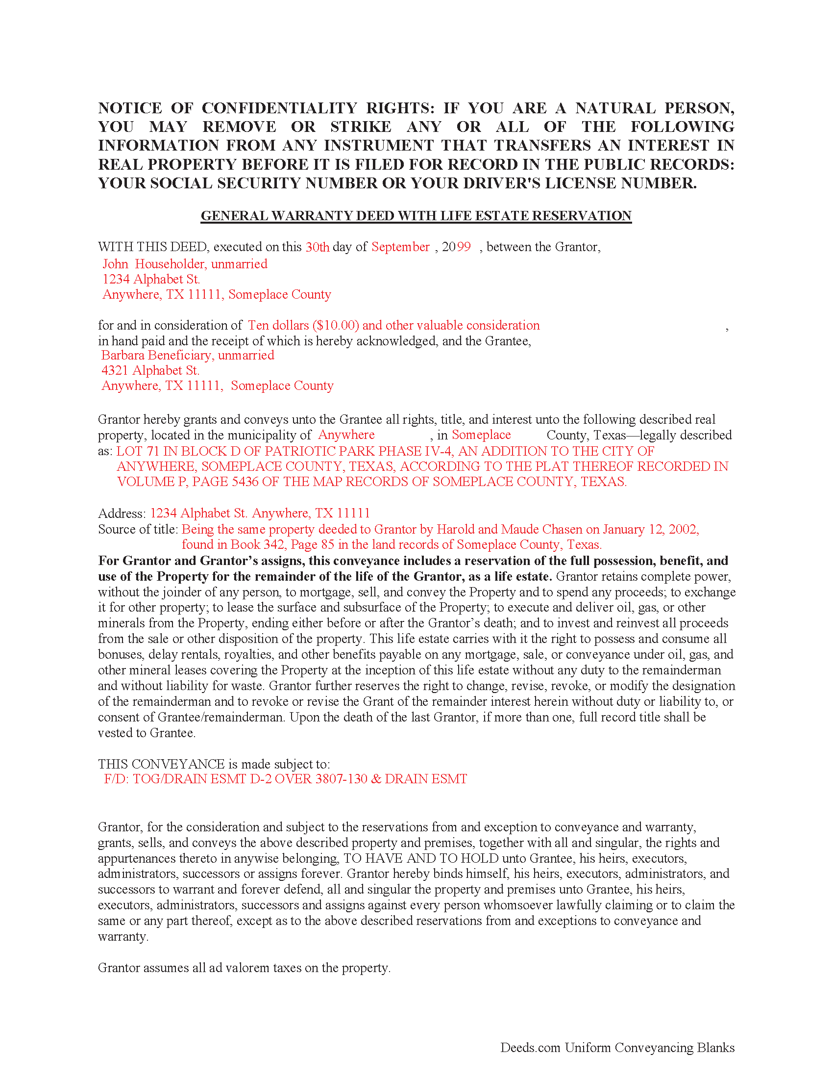 Comal County Completed Example of the Enhanced Life Estate Document