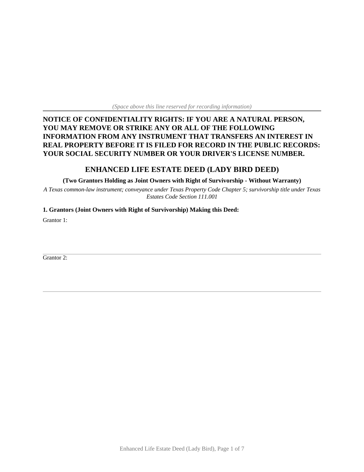 Delta County Enhanced Life Estate (Lady Bird) Deed (Joint Owners with Right of Survivorship) Form