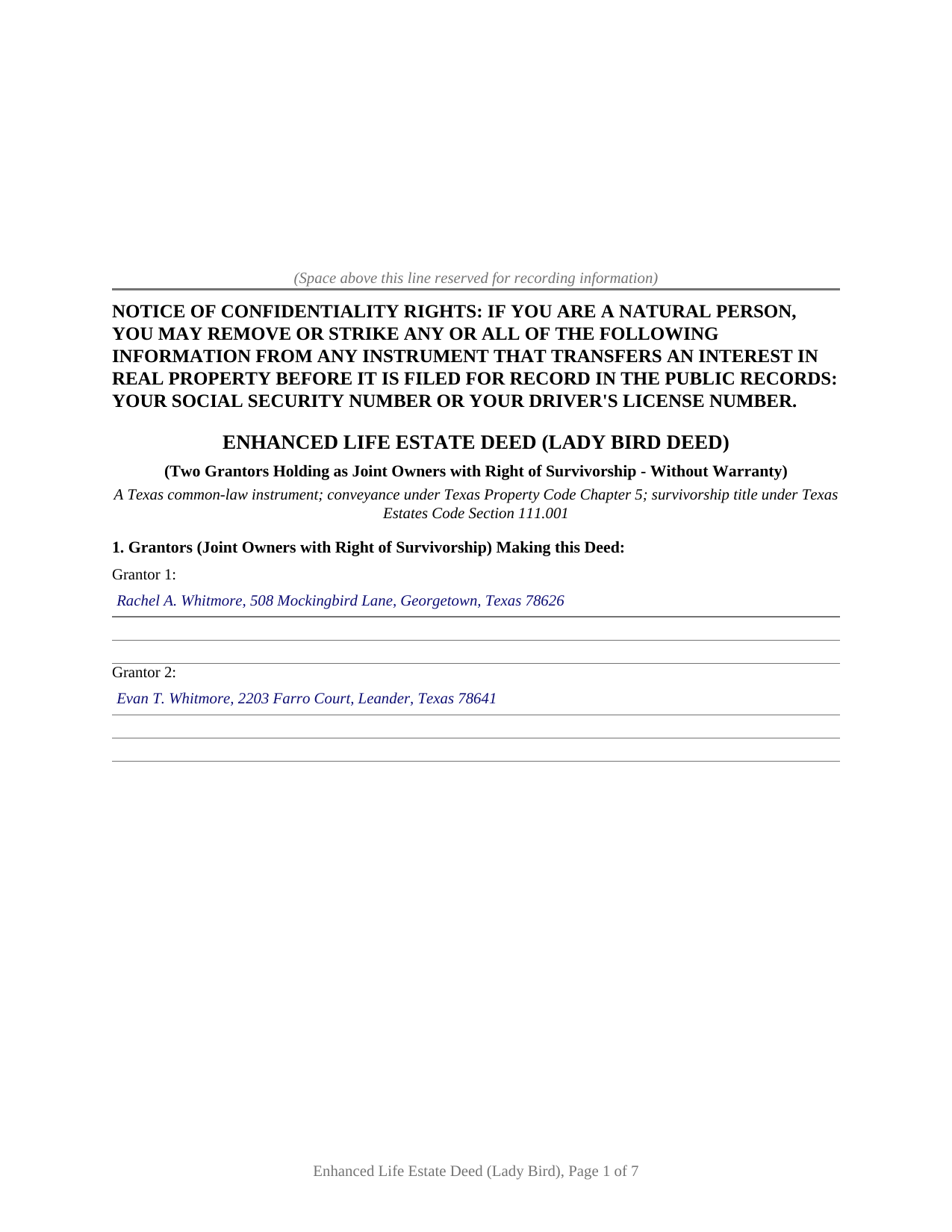 Delta County Completed Example of the Enhanced Life Estate (Lady Bird) Deed (Joint Owners with Right of Survivorship) Document
