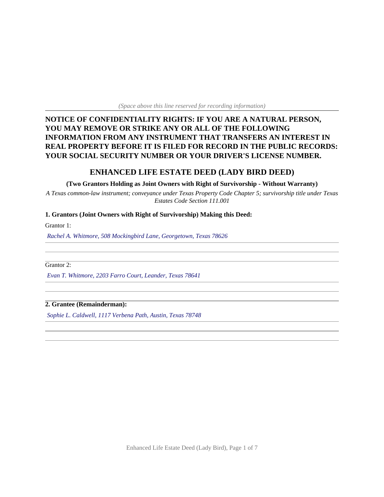 Nueces County Completed Example of the Enhanced Life Estate (Lady Bird) Deed (Joint Owners with Right of Survivorship) Document