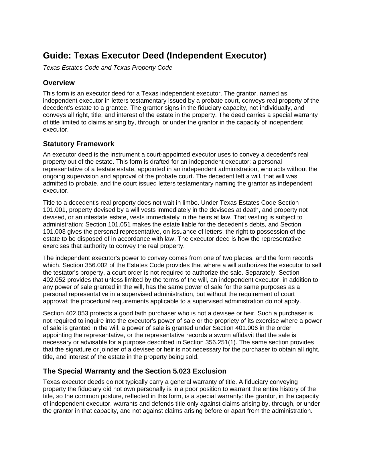 Castro County Executor Deed (Independent Executor) Guide