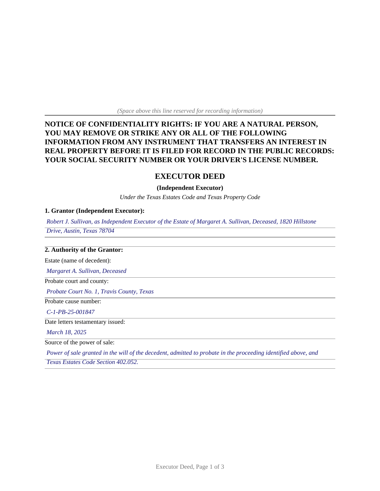 Castro County Completed Example of the Executor Deed (Independent Executor) Document