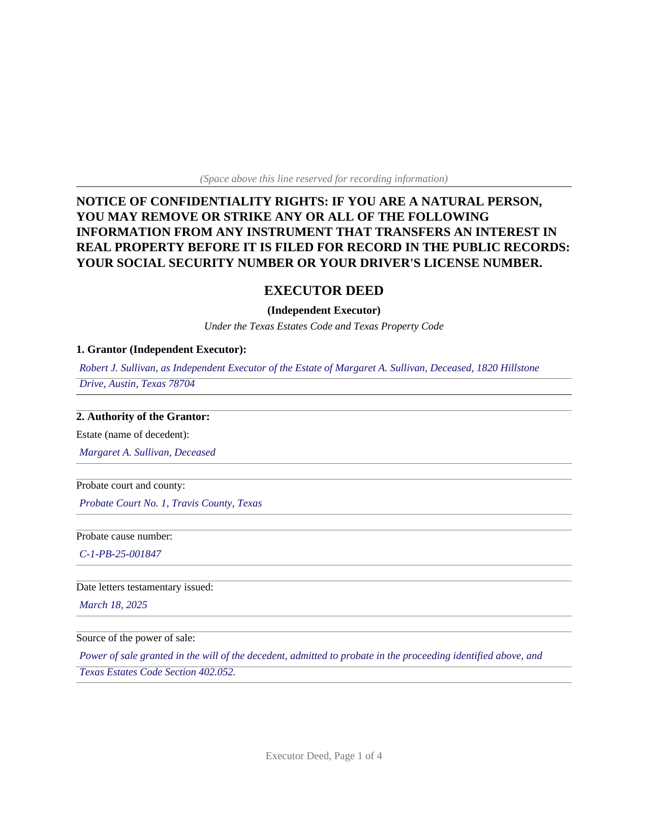 Walker County Completed Example of the Executor Deed (Independent Executor) Document