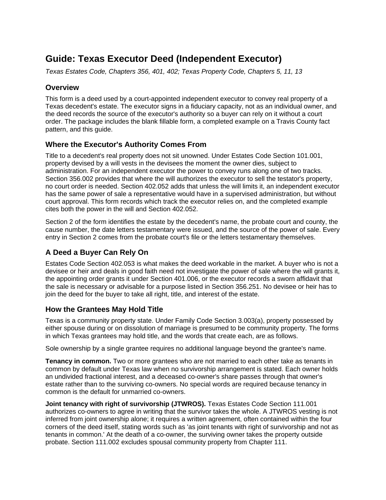 Walker County Executor Deed (Independent Executor) Guide